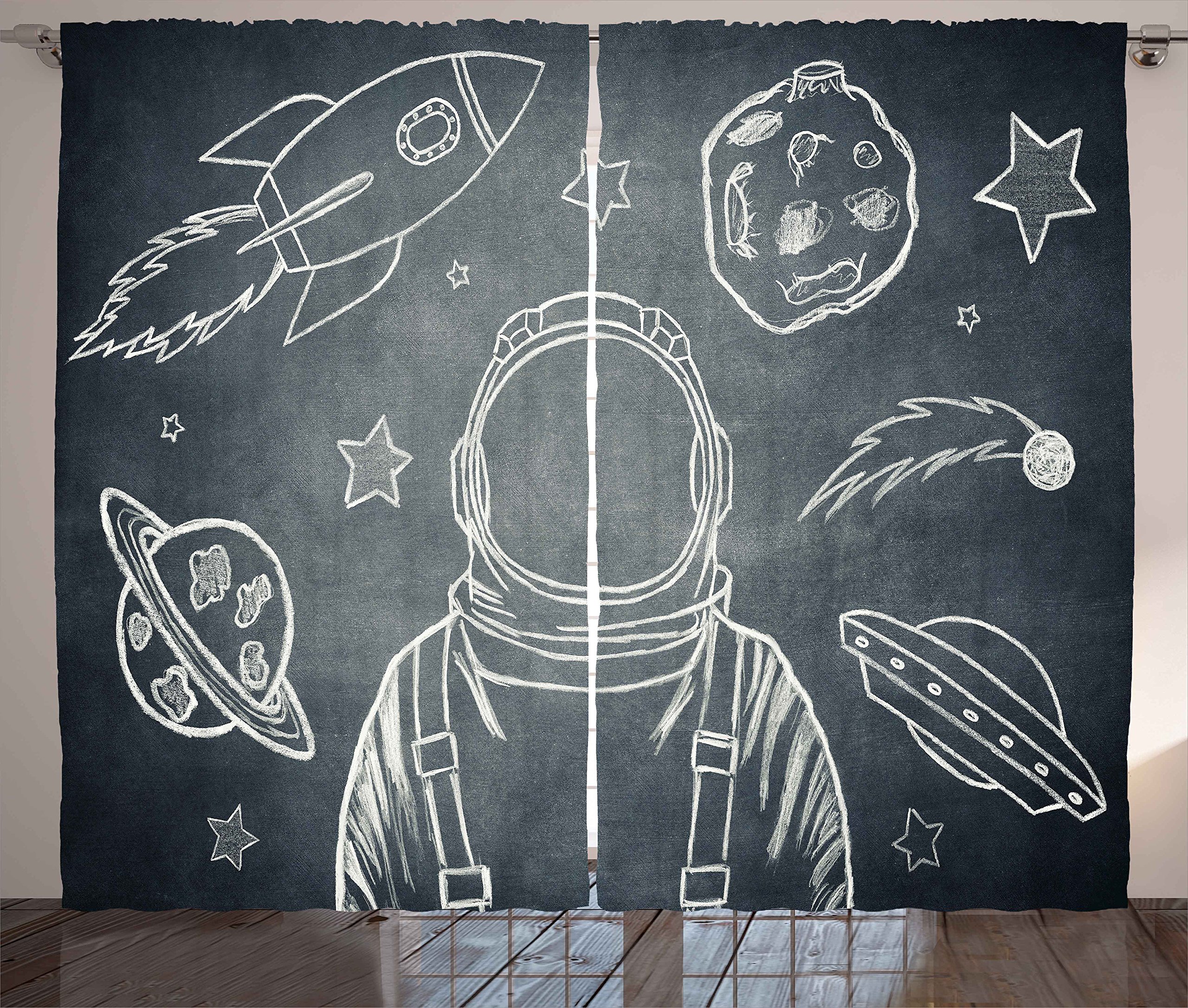 Ambesonne Modern Curtains, Space Backdrop with Planets and Sketchy Astronaut Asteroid Galaxy Image, Living Room Bedroom Window Drapes 2 Panel Set, 108