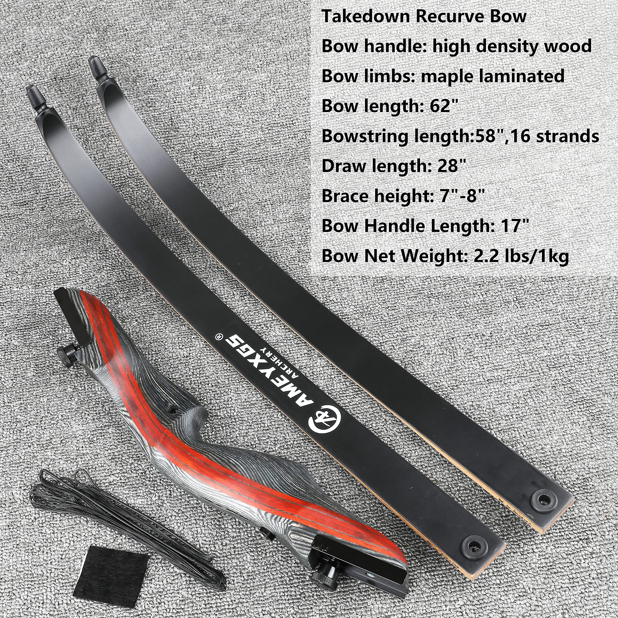 AMEYXGS Takedown Arc recurve et Ensemble de flèches 62 Pouces tir à l'arc Arc de Chasse pour Adolescents et Adultes 20-35lbs Arc Traditionnel en Bois Arc Long avec flèches en Carbone (25bls)