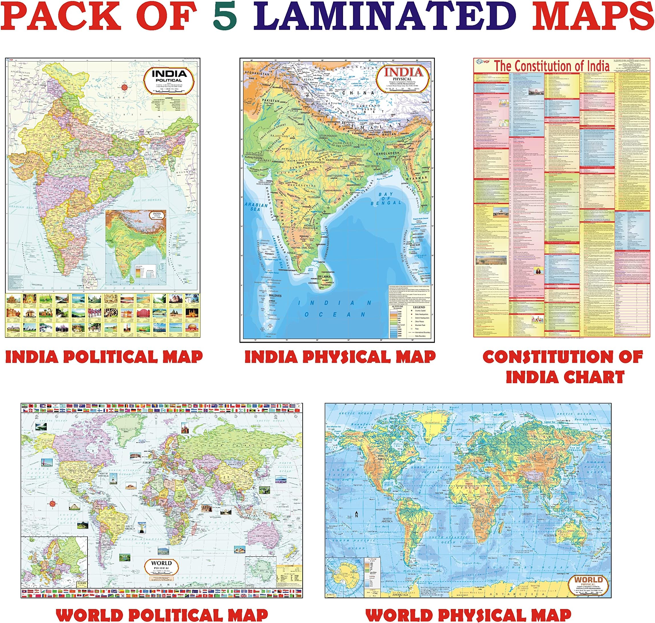 India & World Map ( Both Political & Physical ) with Constitution of India Chart | LAMINATED | SET OF 5 | Useful for UPSC, SSC, IES and other competitive exams