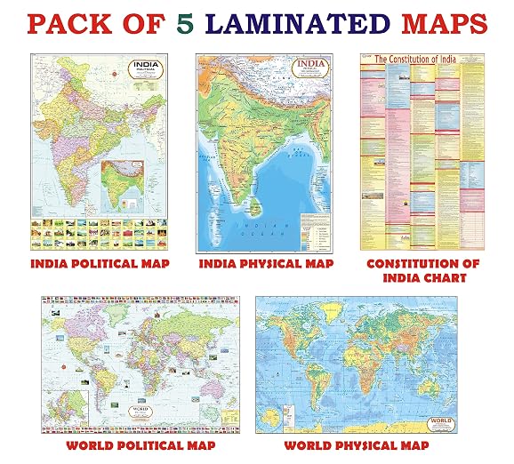 India & World Map ( Both Political & Physical ) with Constitution of India Chart | LAMINATED | SET OF 5 | Useful for UPSC, SSC, IES and other competitive exams