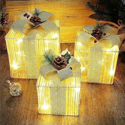 Miniatura 1 de Lulu Home Juego de 3 cajas de Navidad iluminadas, 60 luces LED con lazo, cajas de Navidad enchufables para árboles de Navidad, fiestas, decoración