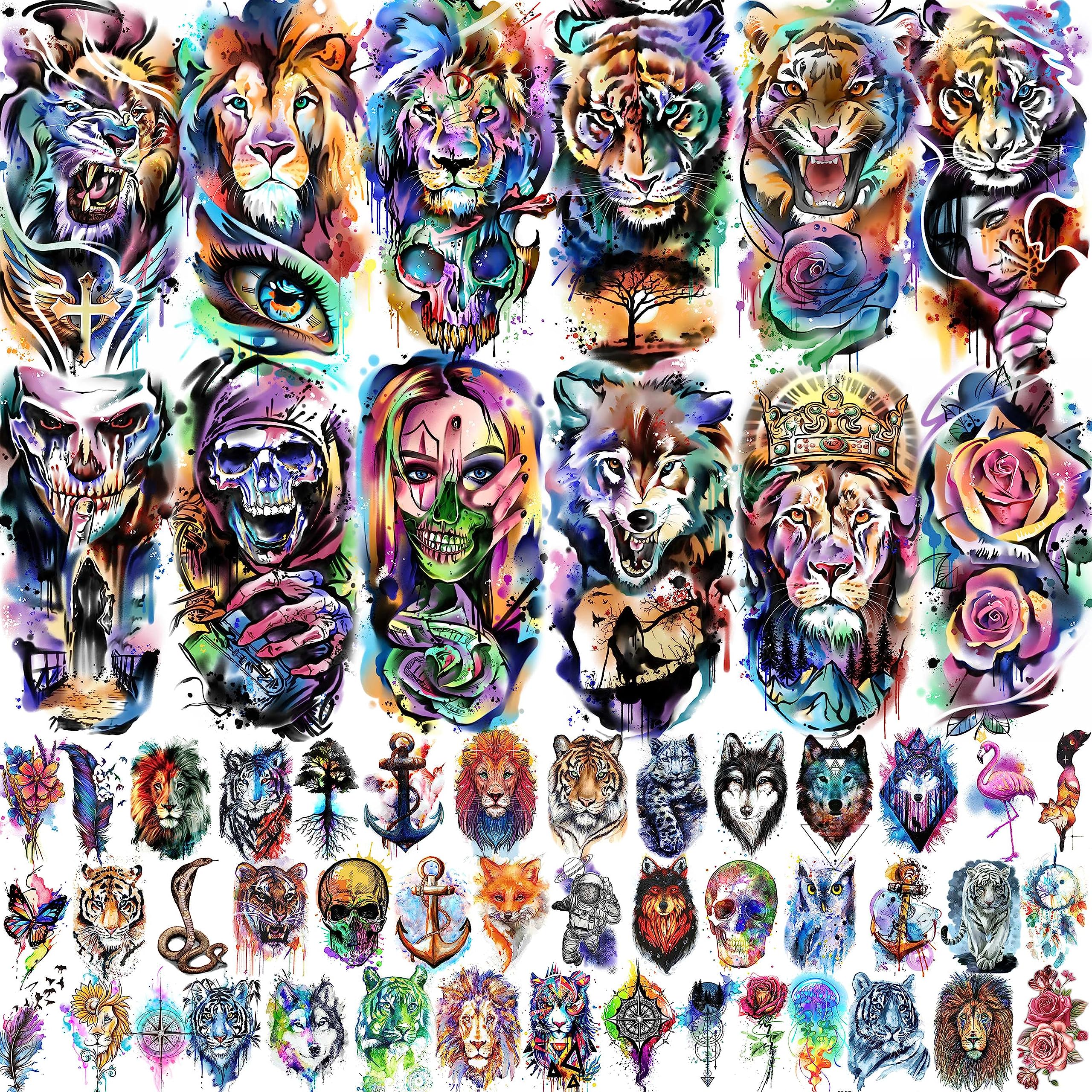 Sponsored Ad – 55 Sheets Watercolor Temporary Tattoos For Women Men Arm Adults Kids, Waterproof Realistic Temp Water Transfer Tattoo Stickers, Animals Tiger Wolf Skull Skeleton Lion Flower Water Color Tattoos