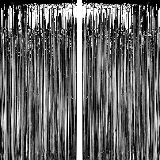 Black Foil Fringe Curtains Metallic Tinsel Foil Fringe Curtains Happy Birthday Baby shower Retirement Bachelorette Halloween New Year Anniversary Party Celebration Photo Booth Backdrop Decoration, 2pc