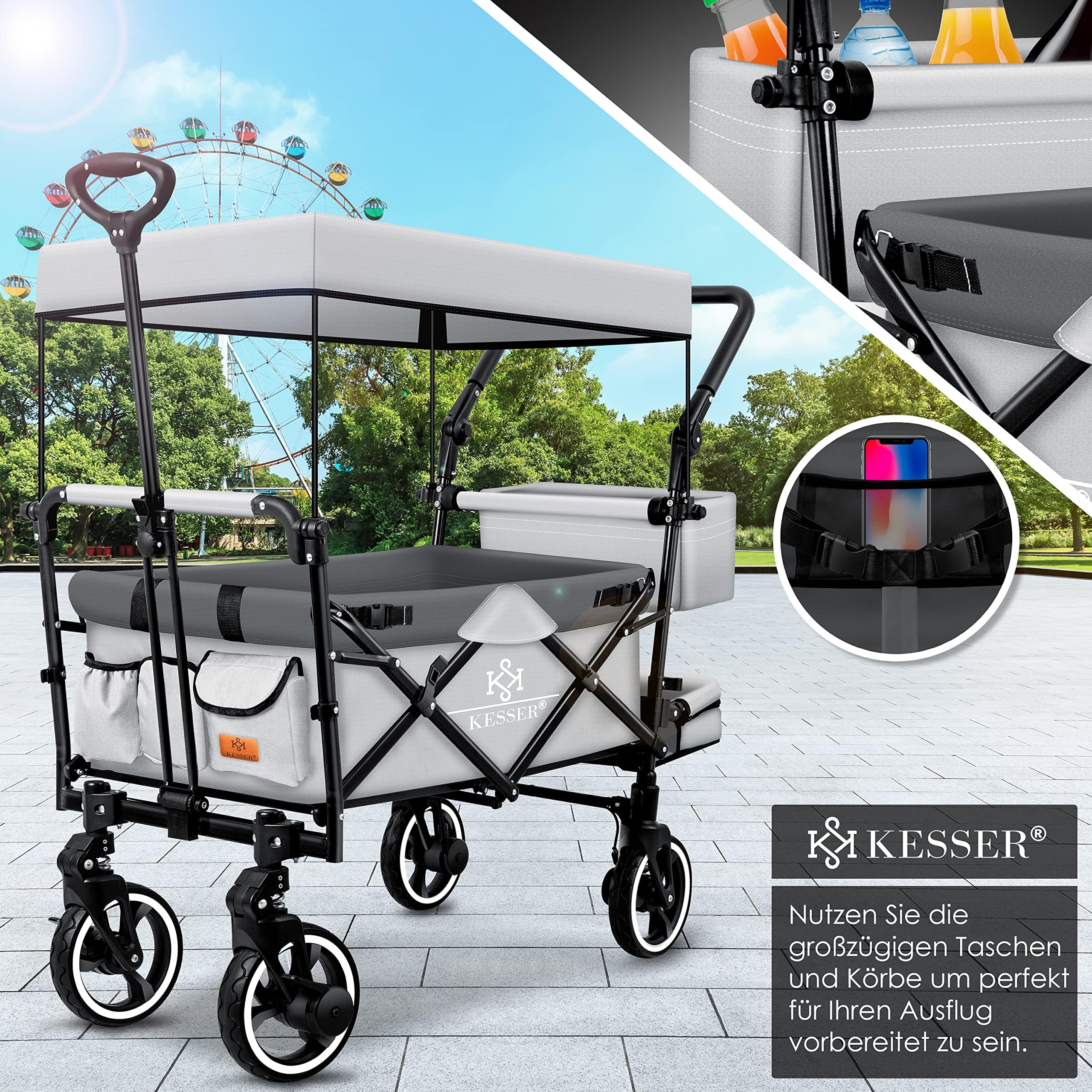 KESSER® - Carrello pieghevole manuale GTS-9100 con tettoia, carrello pieghevole con 2 sistemi con cinture a 3 punti, ruote in gomma girevoli a 360° e sistema di prolungamento interno, freno anteriore