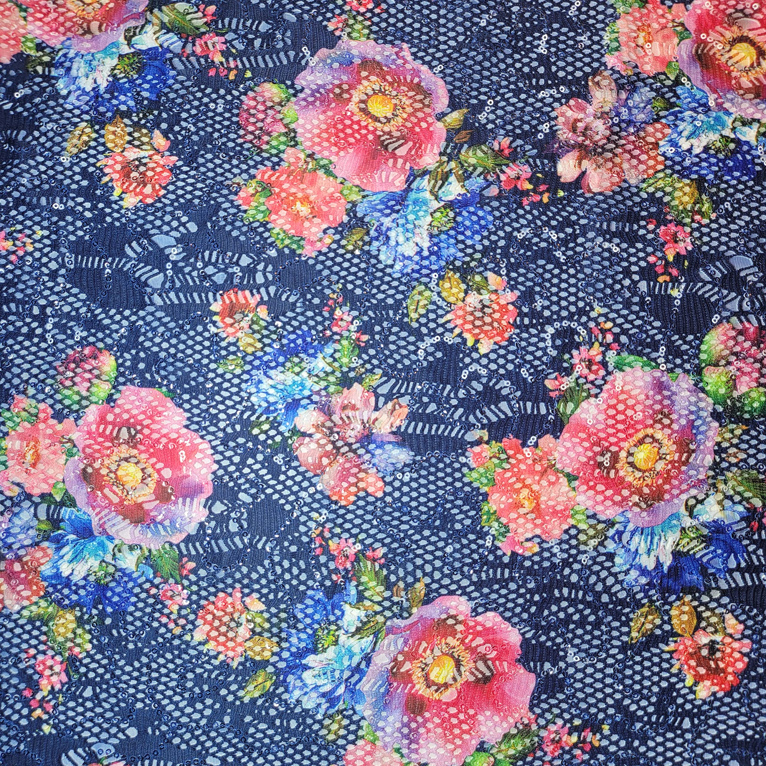African Vintage Embroidery Bridal Nigerian French Embroidery Corded Budget Guipure Lace Mesh Net Fabric 54" Corded Budget Guipure Lace Mesh Net Fabric 54" (2 Meter, Blue Floral #2) — image 1