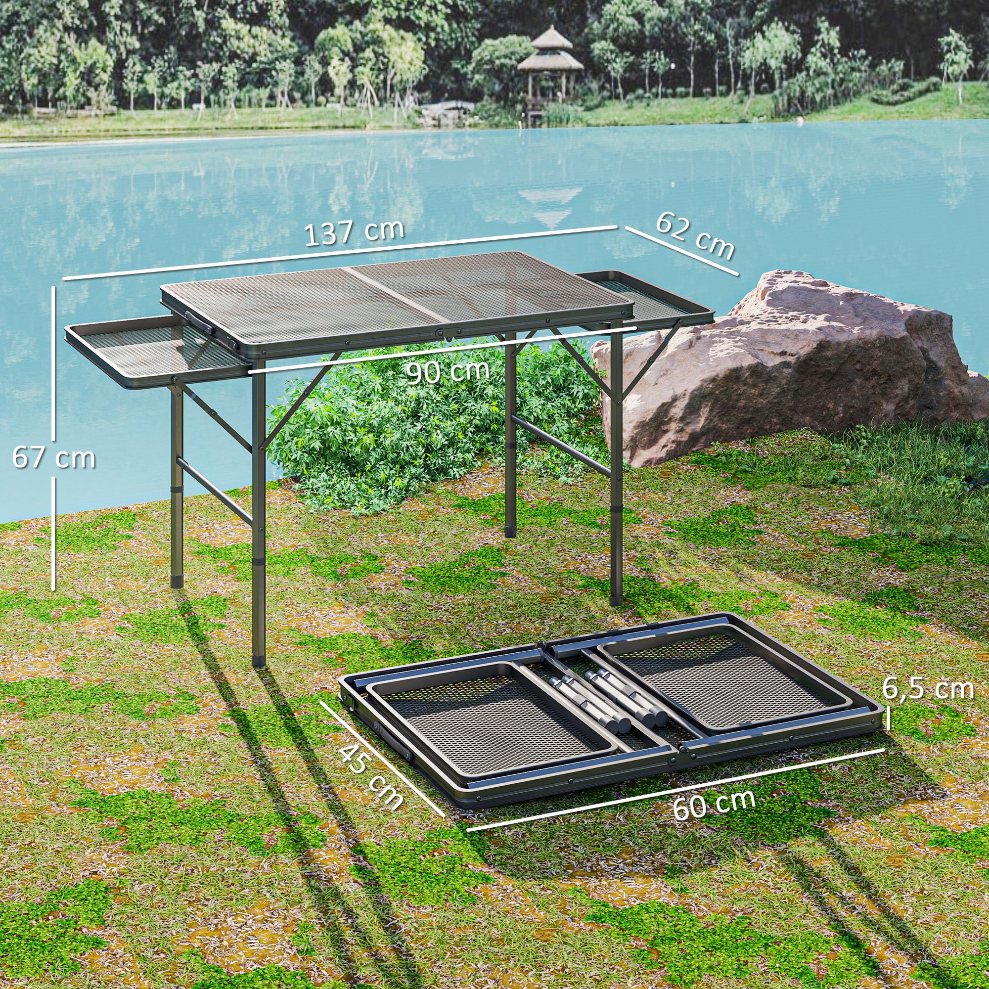 Outsunny Mesa Plegable Camping de Aluminio 137x62x67 cm con Laterales Abatibles y Altura Ajustable Mesa Plegable Portátil Ligera con Encimera Metálica de Rejilla para Acampar Senderismo Playa Negro