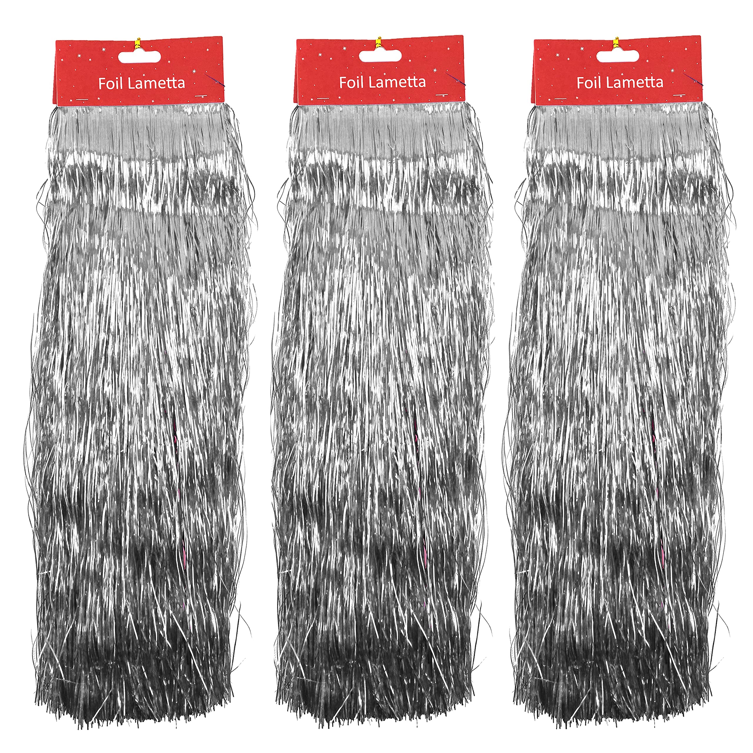3Pk Silver Christmas Foil Lametta 1.2m - Silver Glitter Party Streamers, Backdrop Curtains for Birthday, Prom, New Year, Bachelorette Party, Disco Dancing Ball Decorations