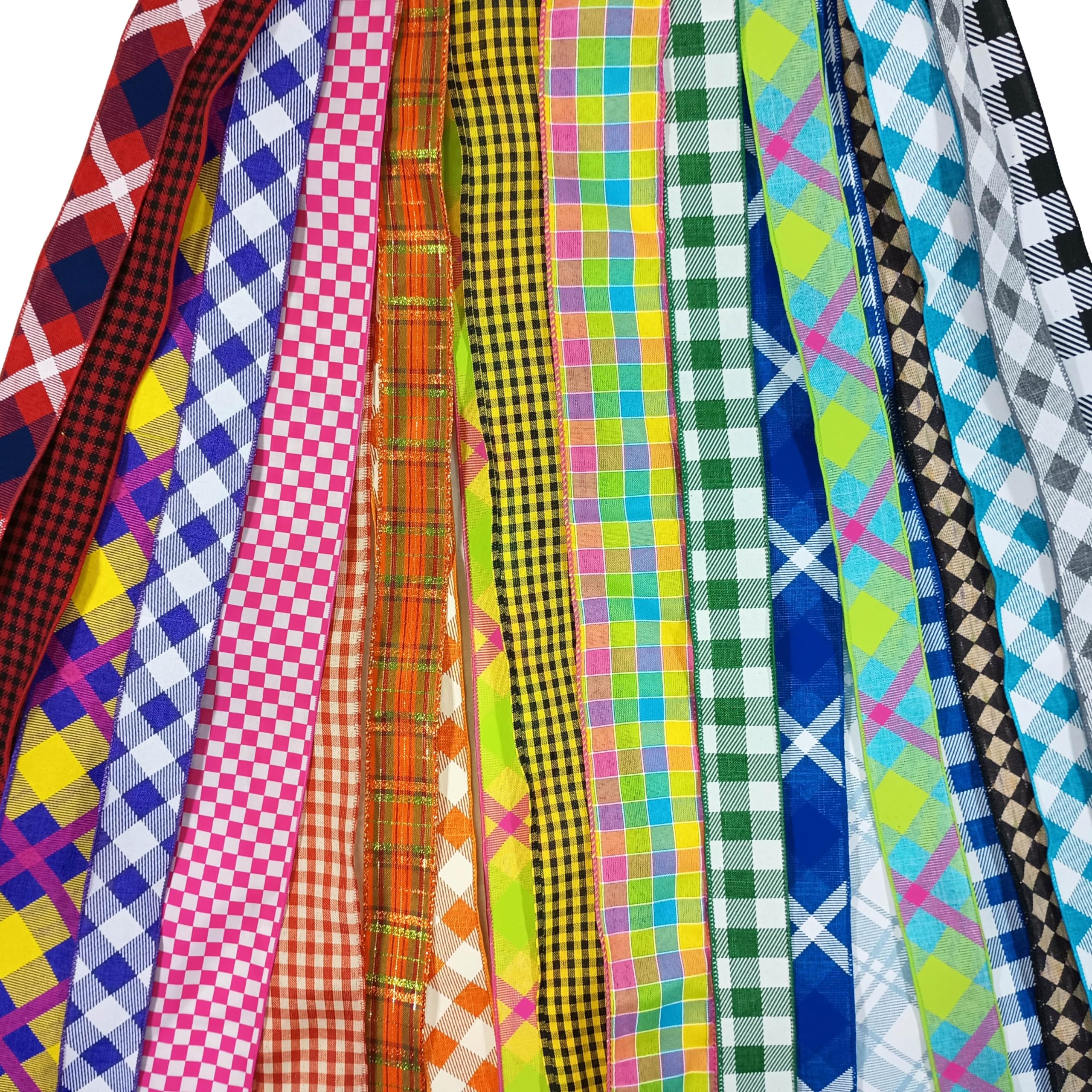 20 Yards Assorted Fabric Wired Edge Ribbon 1.5” and 2.5” Bulk Variety Pack (20 Assorted Ribbons, Pre-Cut to 1 Yard Each – Styles and Textures May Vary) (Plaid/Checker)