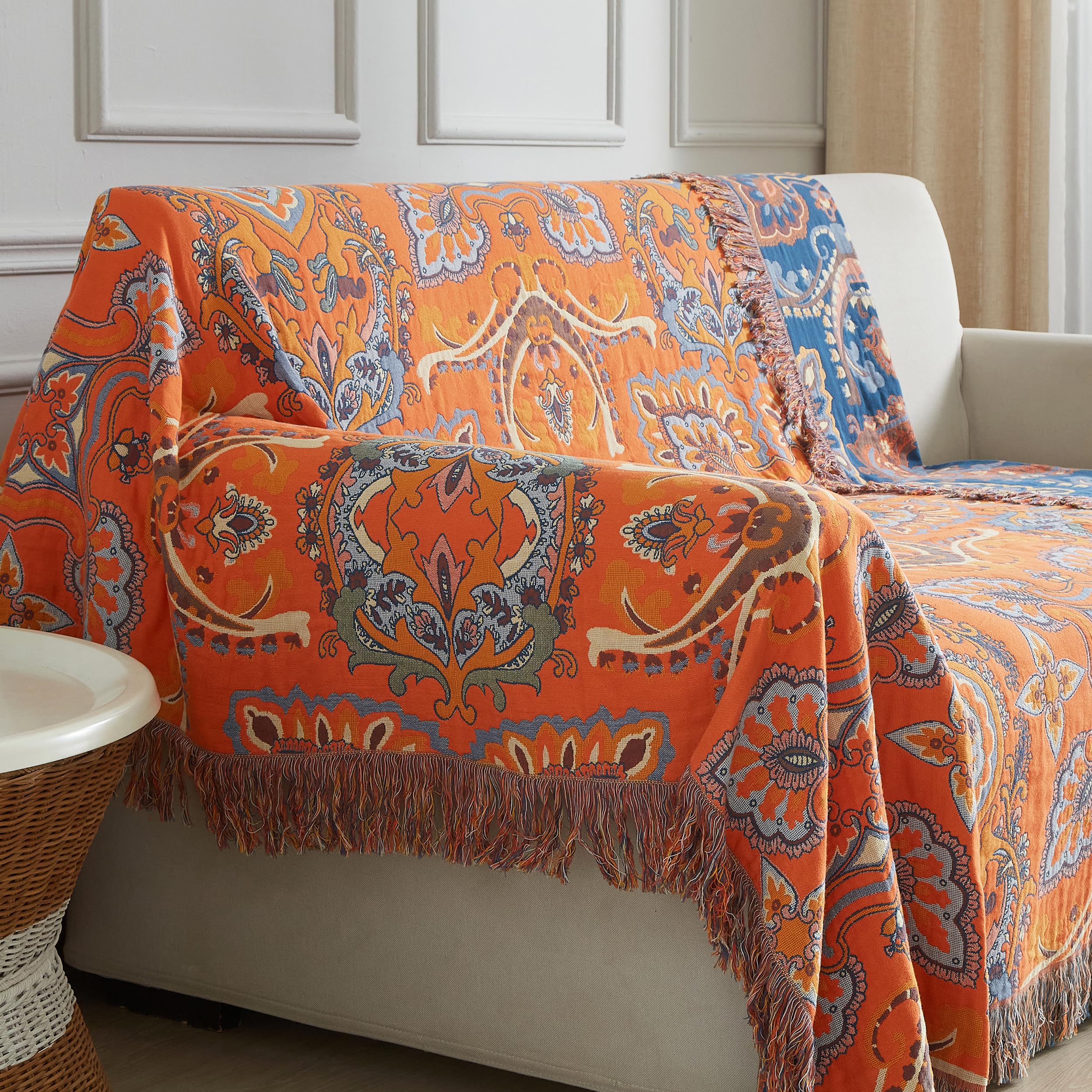 SE SOFTEXLY Manta Boho, 100 % algodón, muselina de doble cara, manta boho, 230 x 250 cm, manta de patchwork para sofá y colcha, ideal para sala de estar y dormitorio, naranja y verde