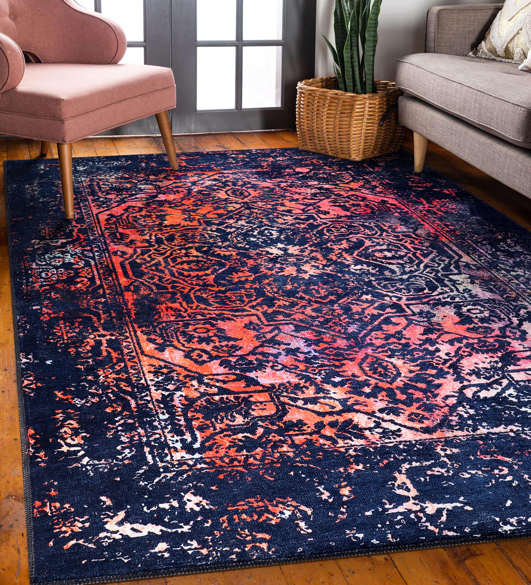 DAPHNE HOME DECOR Machine Washable Area Rugs For Kitchen, Bedroom, Dining Room and Living Room Non Slip Area Rugs | Soft Short Pile | Kid Pet Friendly Rug (Dark Blue - Cosmos, 120X180 CM)