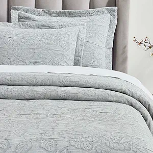 Superior 3 Piece Cotton Bedspread Set, Home Bed Decor, Decorative Bed Spread, 2 Pillow Shams, Medium Weight Blanket, Matelasse Coverlet, Bedding Essentials, Hibiscus Collection, Queen, Grey