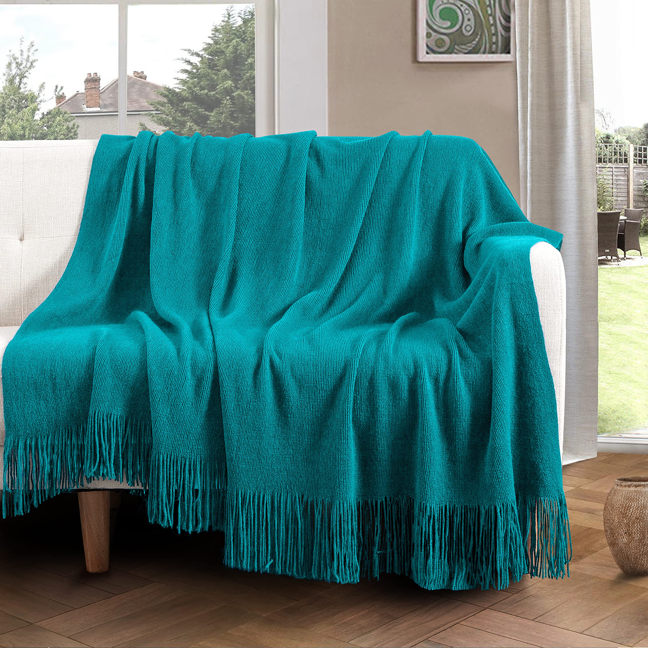 Vonty Coperta lavorata a maglia con nappe, 127 x 152 cm, coperta in maglia super morbida, decorativa per divano, letto