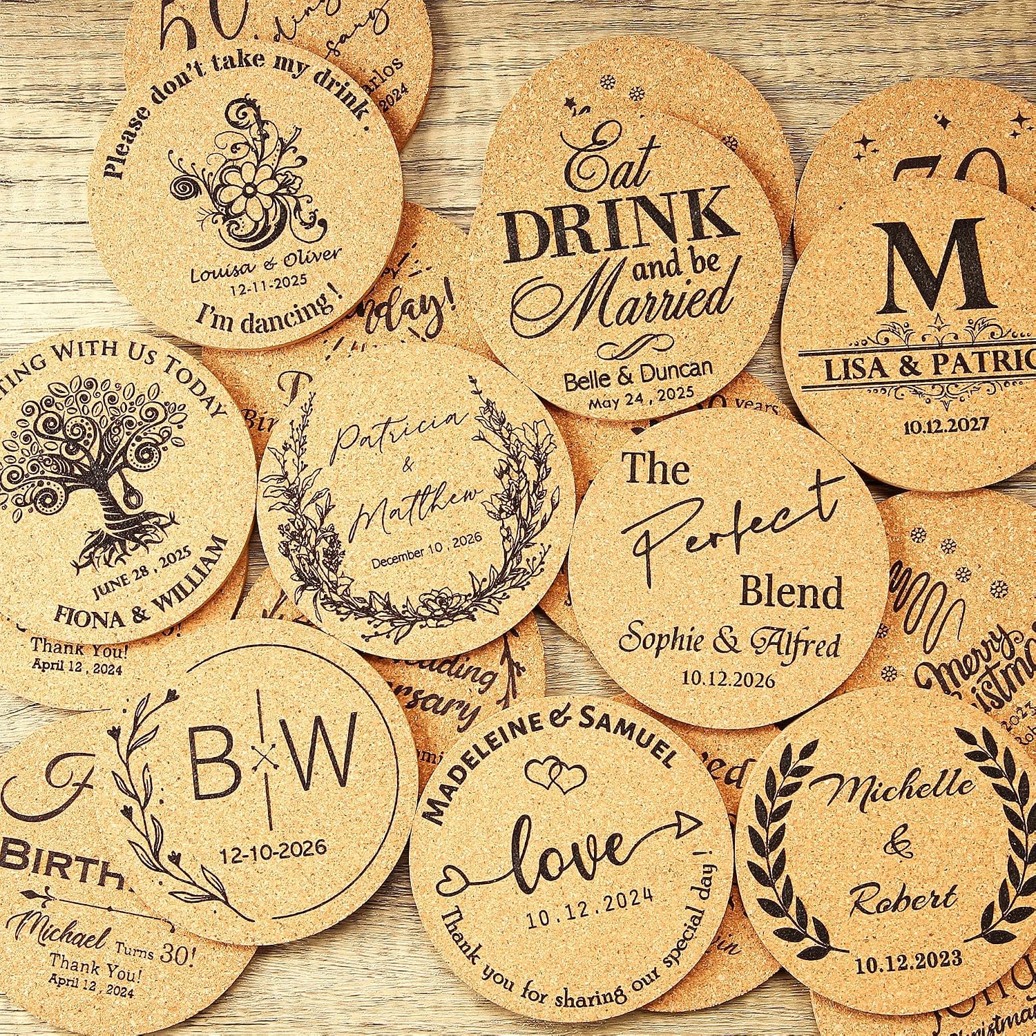 Set of 20-100, Personalized Cork Coasters, Wedding Favors for Guests, Custom Coasters, Bridal Gift, Wedding Gift, Business Promotional Items