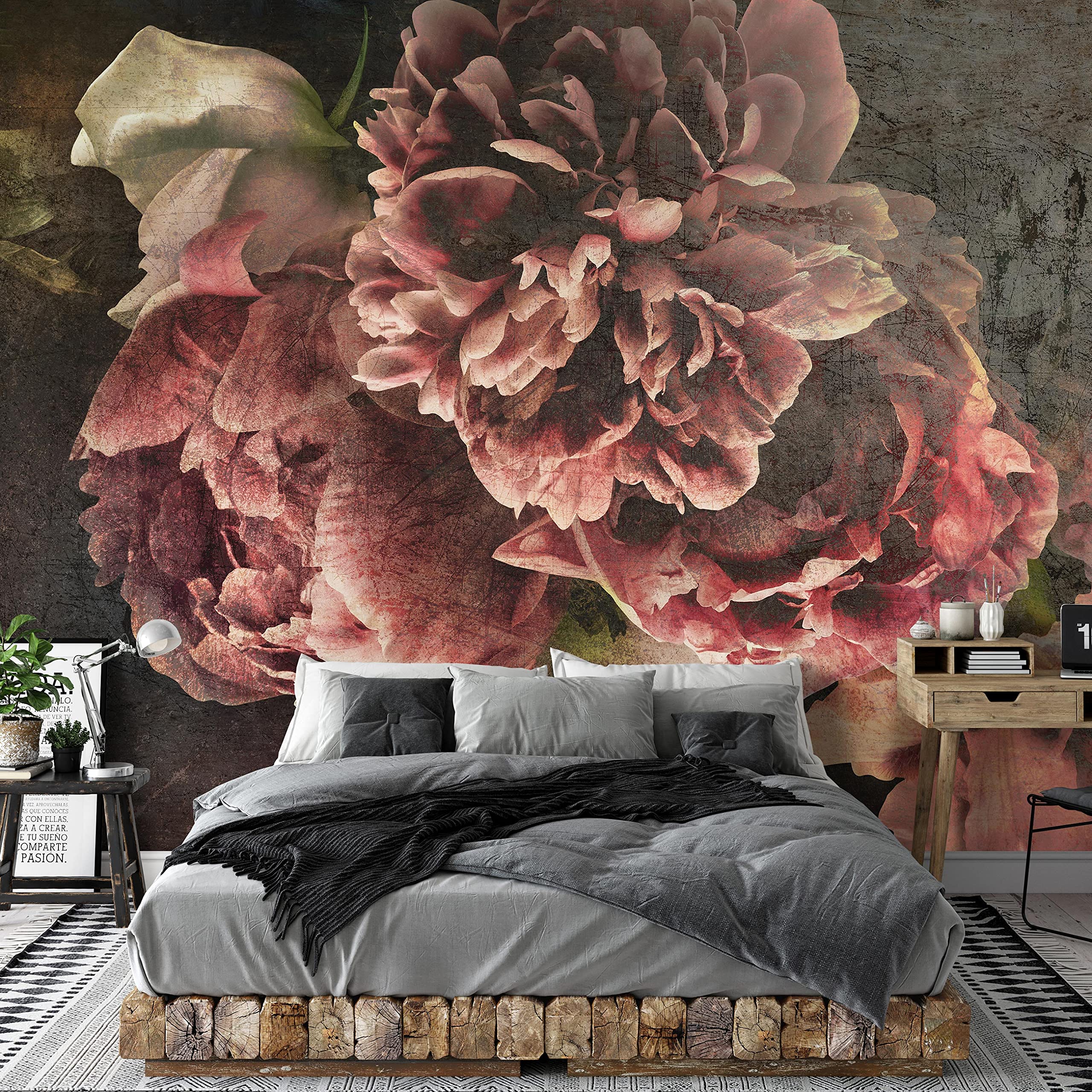WallArena - Carta da parati fotografica - Fiori, Vintage, Murale fotografico - Per soggiorno e camera da letto - Effetto 3D - con Colla - Peonie, Peonie, Cemento