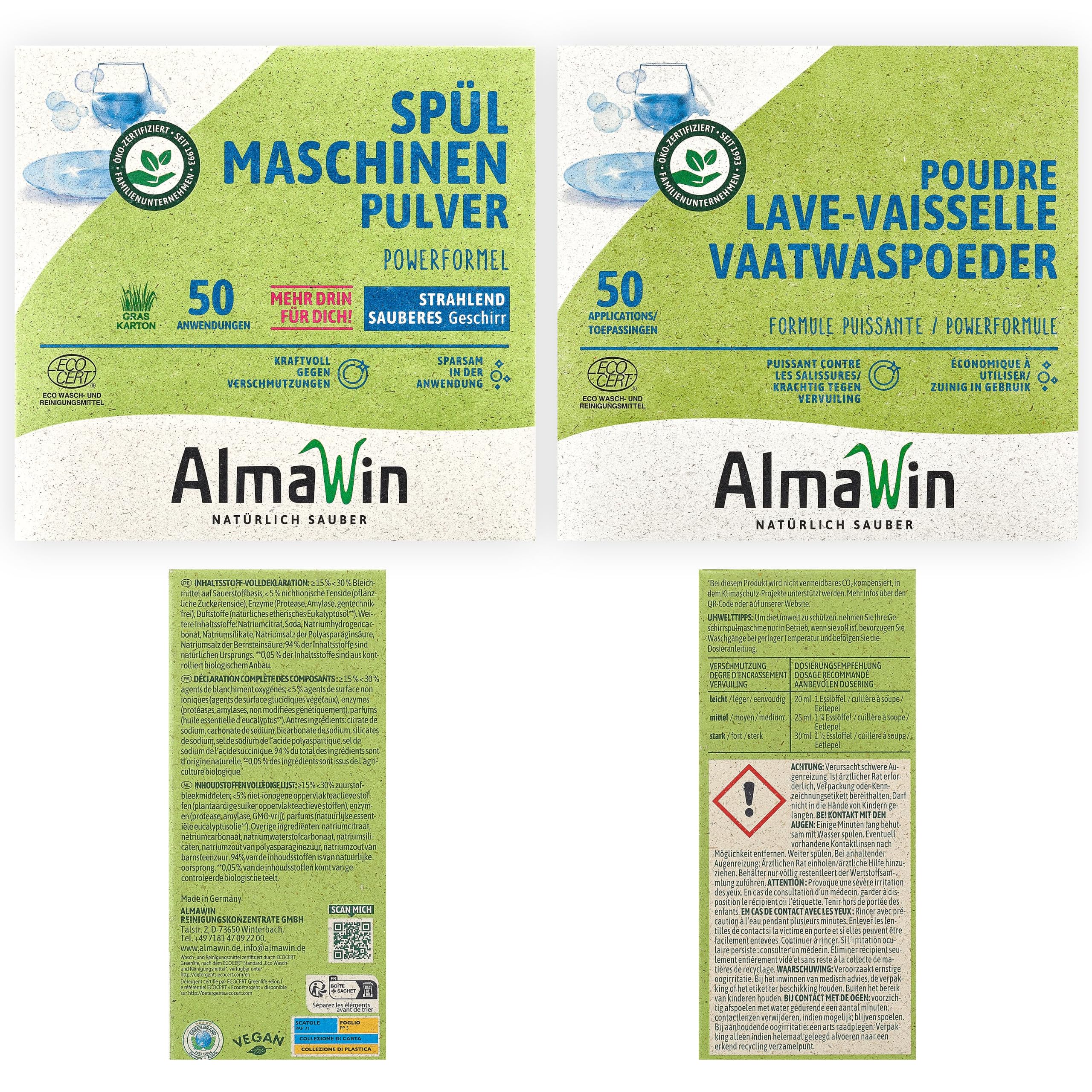 AlmaWin® Spülmaschinen Pulver mit Powerformel für strahlend sauberes Geschirr [6x 1,25kg - 300 Anwendungen] - Kraftvolles Geschirrspülmittel Pulver - Ohne Phosphate, Öko & VEGAN, Dishwasher Powder