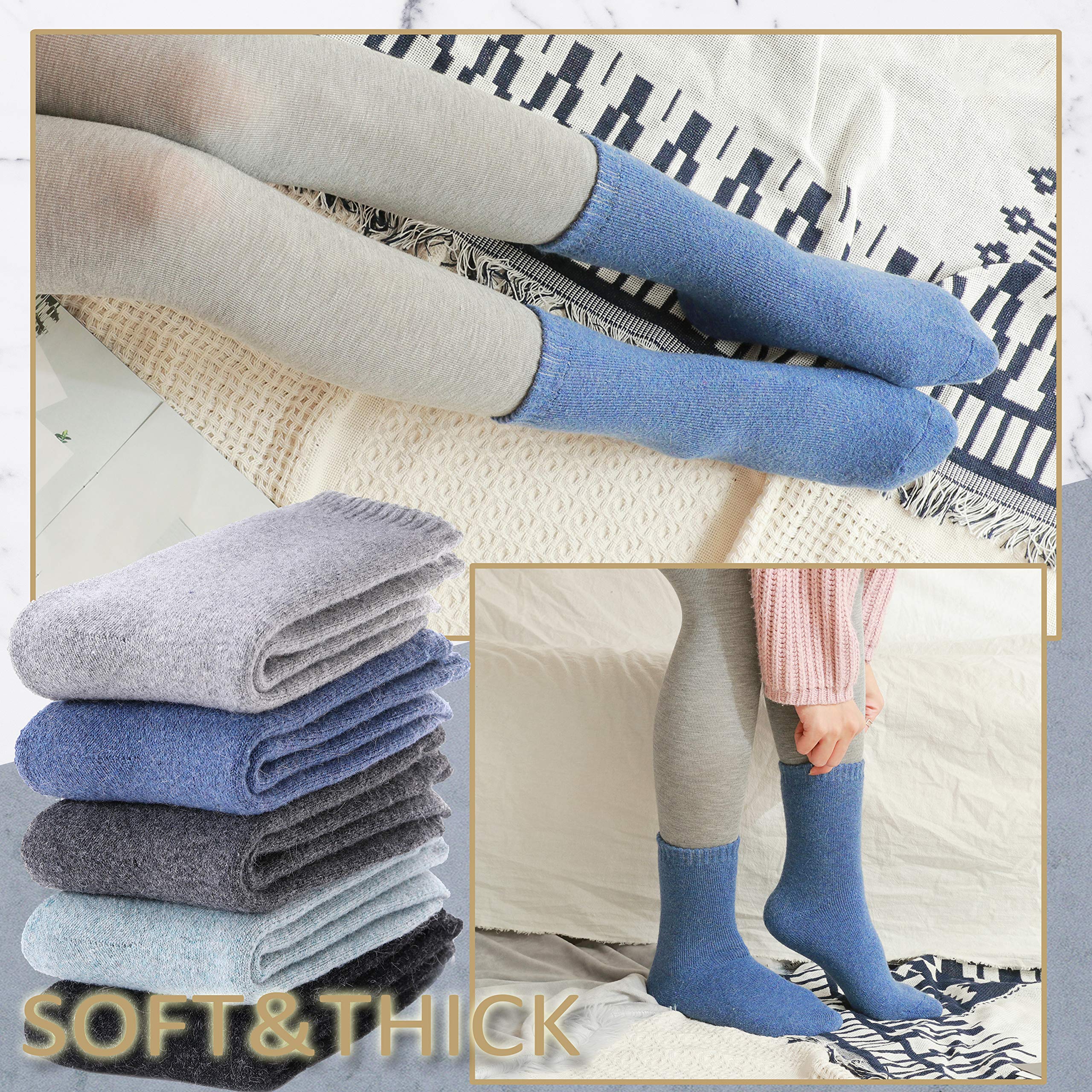 EBMORE 5 Pairs Women Merino Wool Boot Socks Thermal Hiking Winter Warm Thick Cozy Cabin Crew Comfy Socks for Ladies: One Size Solid Color(5 Pairs)