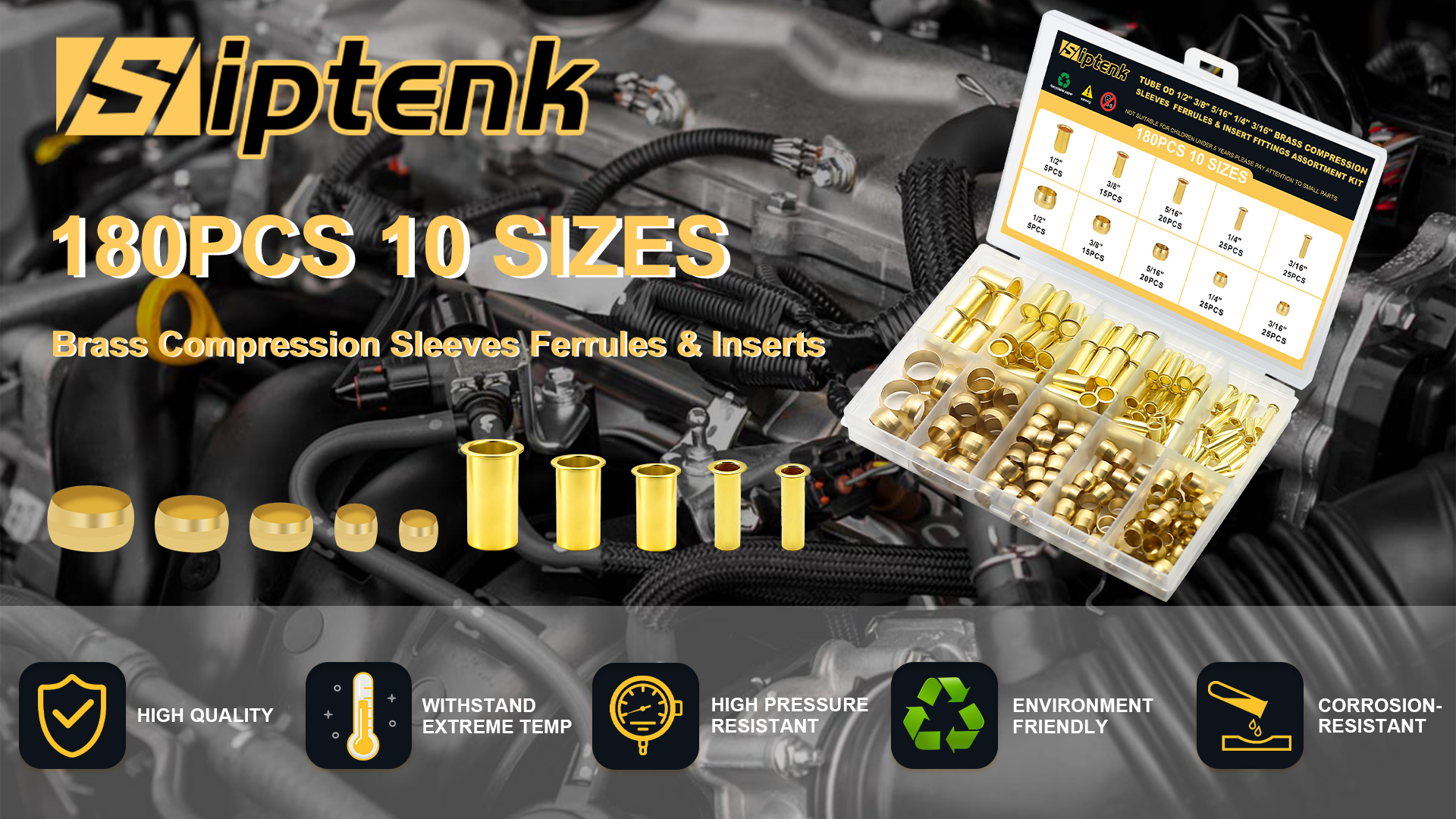 Image of Siptenk 180PCS Brass Compression Sleeves Ferrules & Inserts for Air Fitting | 5 Sizes 1 /2 inch 3 /8 inch 5 /16 inch 1 /4 inch 3 /16 inch Tubing Insert Brass Ferrule Kit lines for Air, Water, Fuel, Oil and Inert Gases