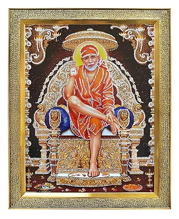 KHANNA Shirdi Saibaba Sitting on a Throne Photo Frame for Wall Hanging/Gift/Temple/puja Room/Home Decor Golden Frame with Acrylic Sheet (Glass)