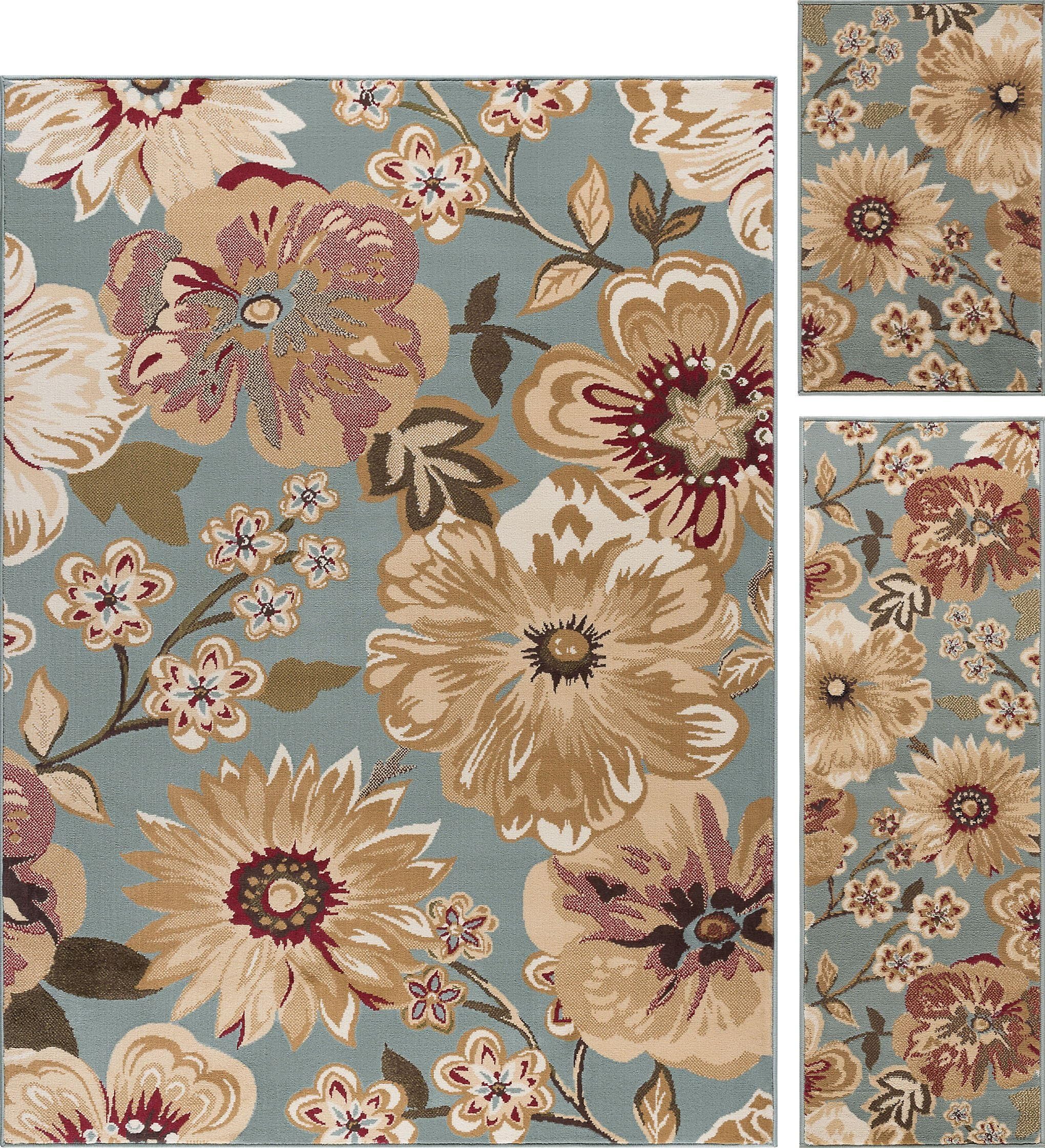 Camila Transitional Floral Blue 3-Piece Area Rug Set, 3-Piece Set