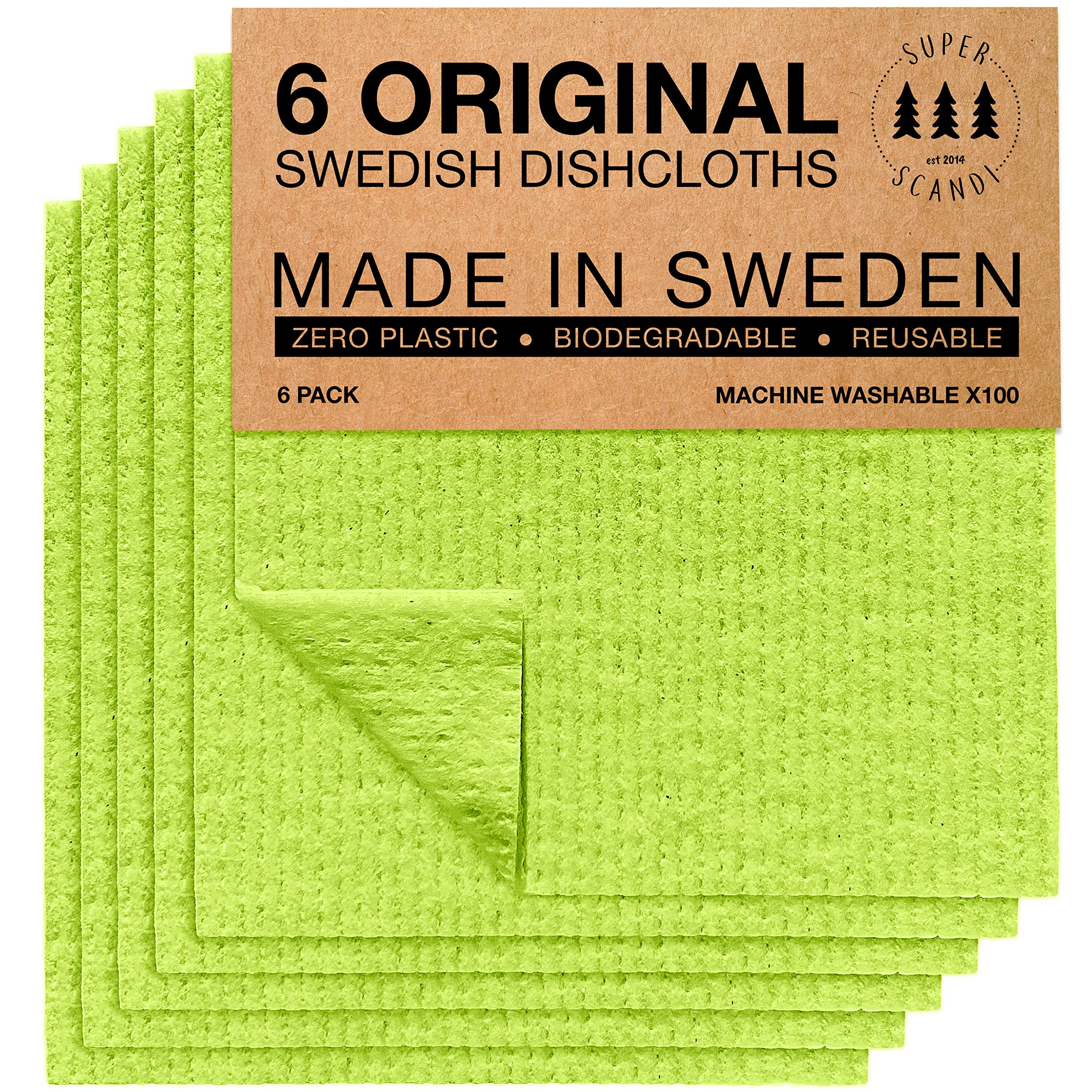 SUPERSCANDI 6 Pack Swedish Dishcloths for Kitchen - 100% Biodegradable & Compostable Reusable Paper Towels Washable, Food-Safe & Without Plastic - Dish Rags Suitable for Any Surface, Apple Green