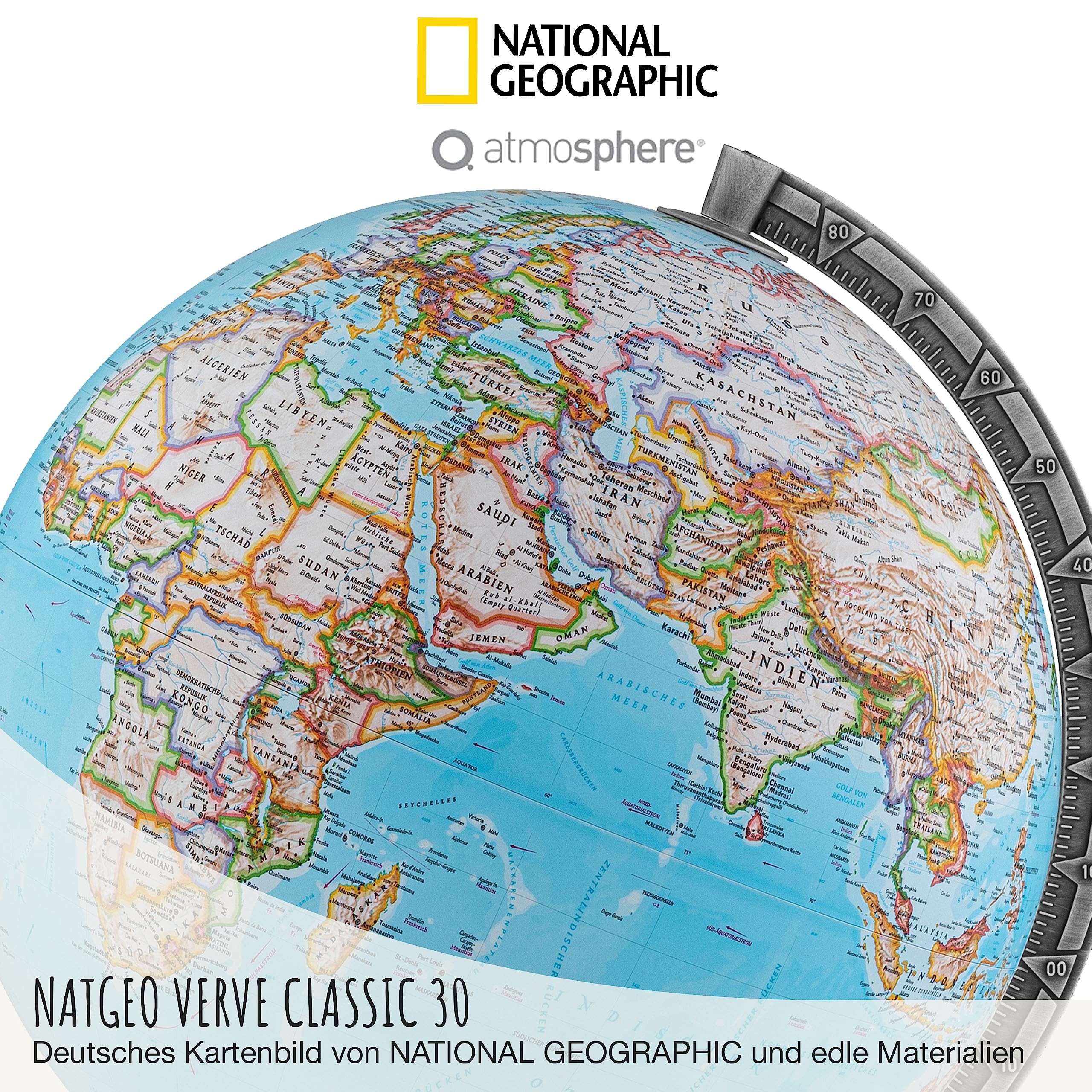 National Geographic Verve Classic Leuchtglobus - 30 cm Globus mit politisch-physischer Kartografie in deutscher Sprache, beleuchtet und mit drehabren Holzfuß und Metallmeridian