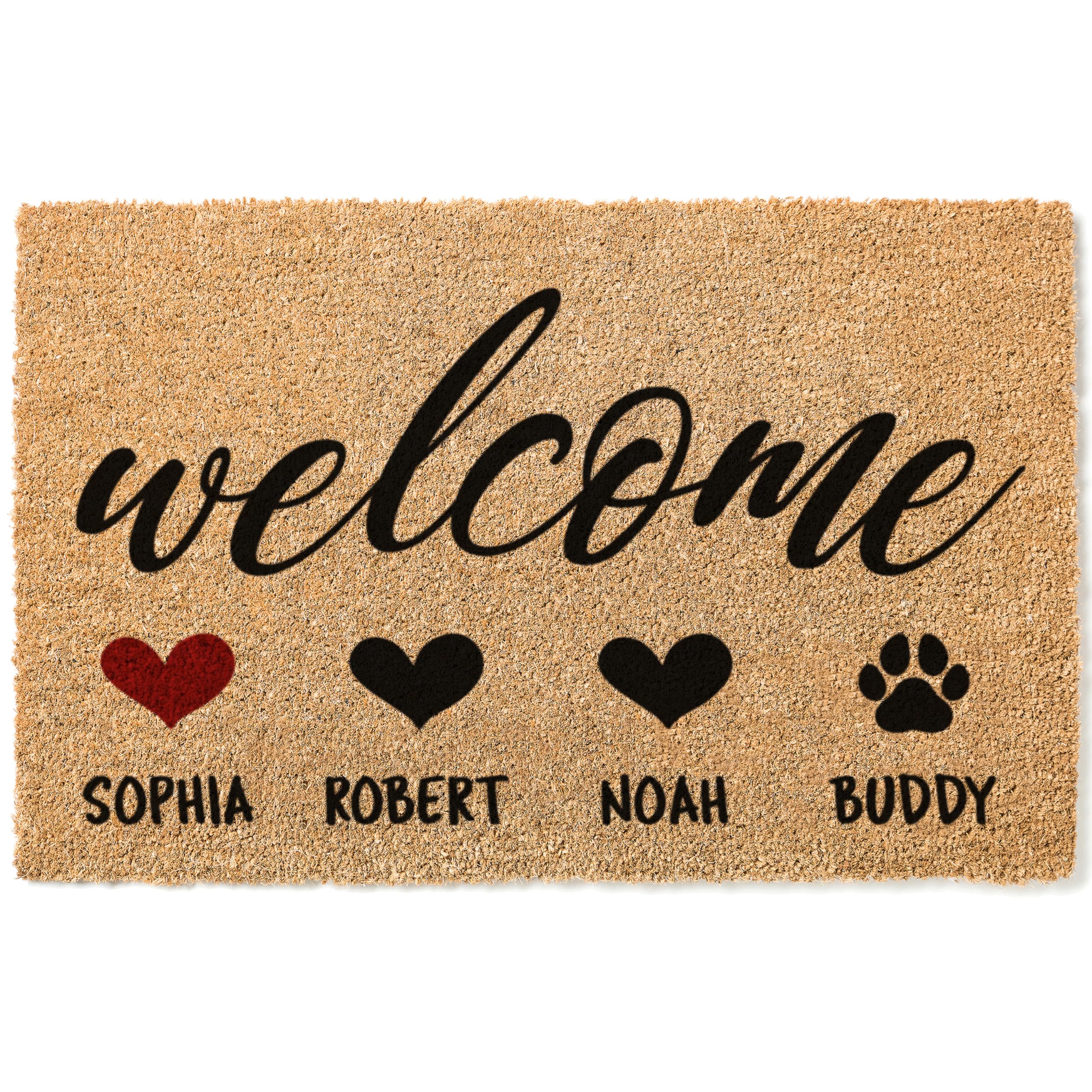 Personalized Door Mat, Custom Coir Doormat with 4 Names & Icons, 5 Icon Options - 3 Sizes, Housewarming Gifts, Customized Family Door Mat for Outdoor