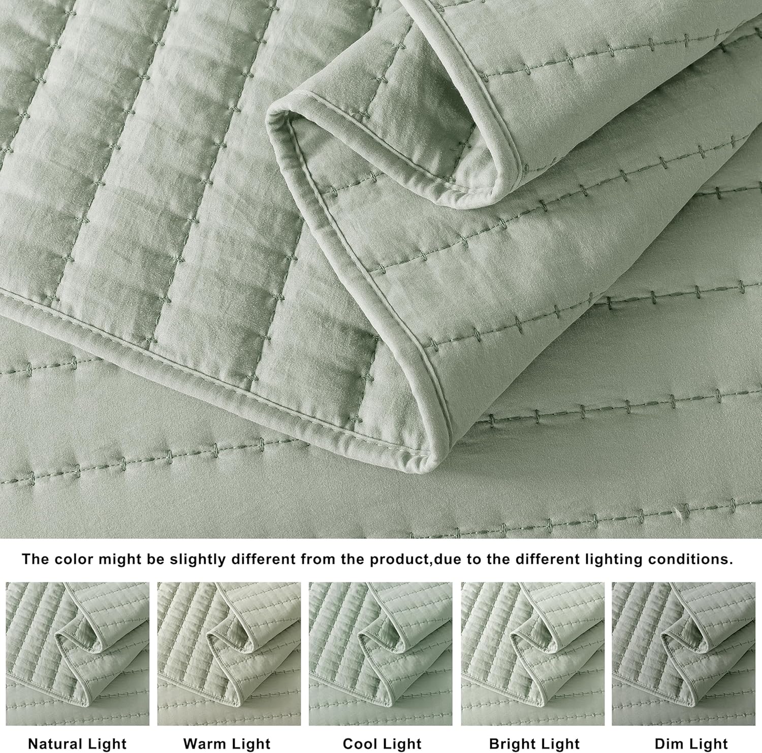 ROARINGWILD Sage Green Twin Size Quilt Bedding Sets with 1 Pillow Sham, Lightweight Soft Bedspread Coverlet, Quilted Blanket Thin Comforter Bed Cover for All Season, 2 Pieces, 68x90 inches - Image 4