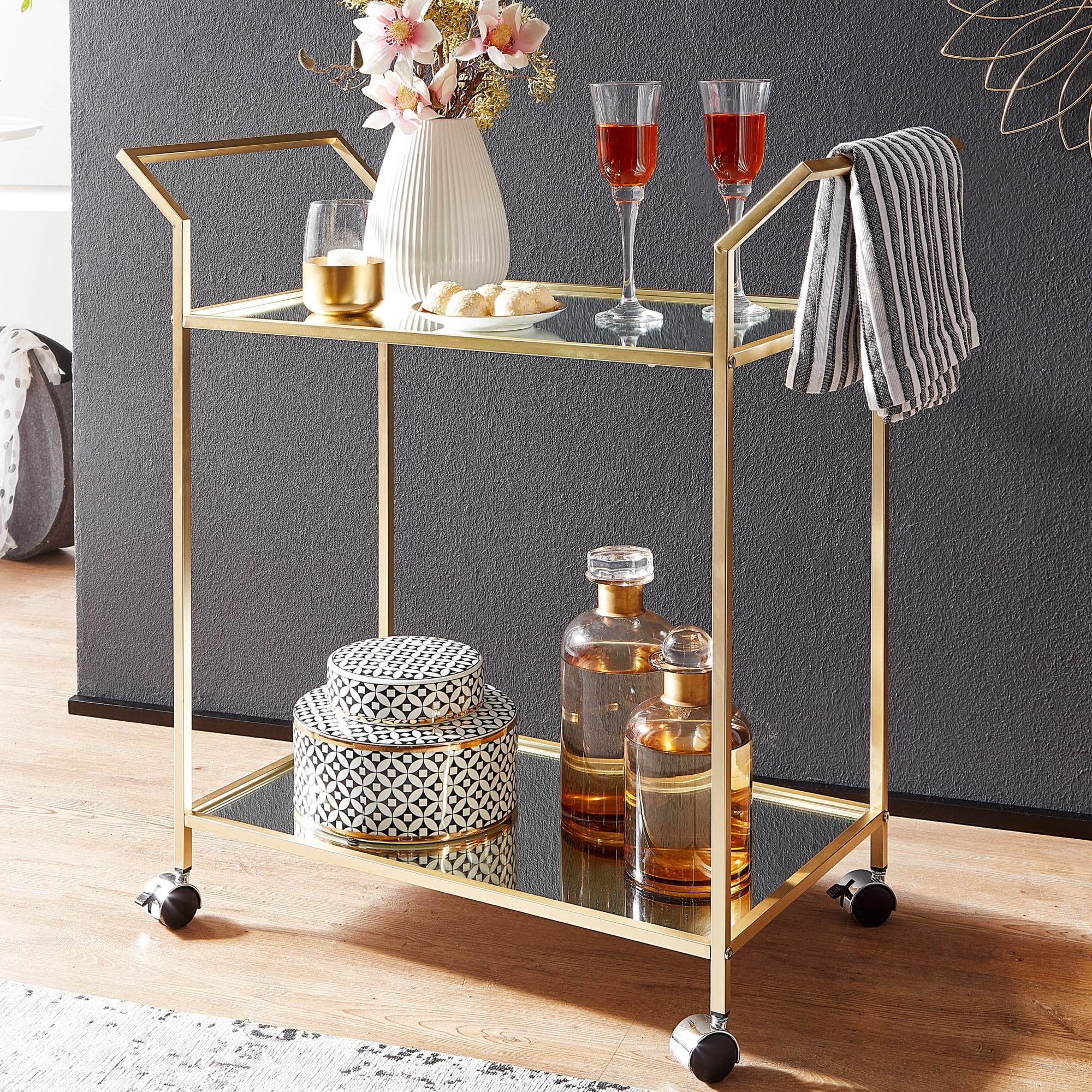 FineBuy Servierwagen 73x37x78 cm Gold mit 2 Glasablagen
