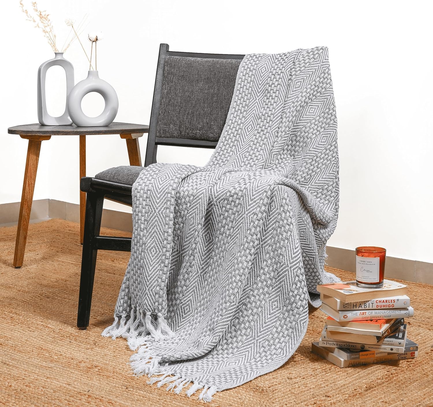 Light Grey Throw Blanket for Women Men Sofa Decor 60x50 Inch Cotton