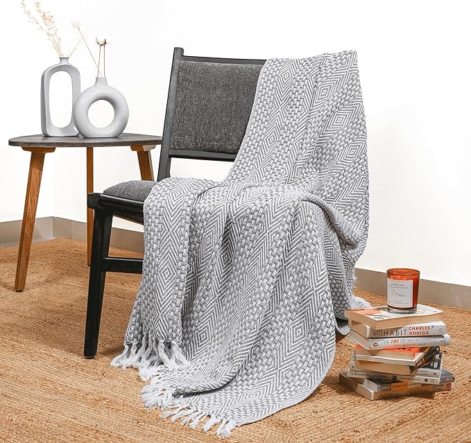 Light Grey Throw Blanket for Women Men Sofa Decor 60x50 Inch Cotton