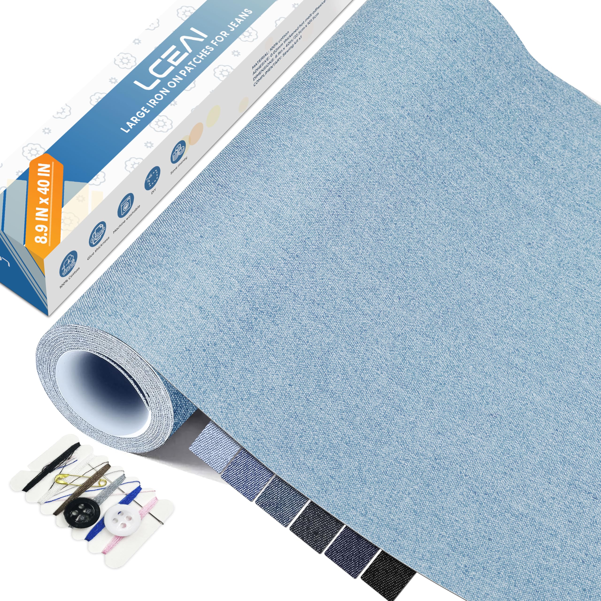 LCEAI Large Iron on Patches for Clothing, Denim Patches for Inside Jeans, 100% Cotton, Jeans Clothing Repair and Decoration Kit (Denim-8.9"x40",Light Blue)