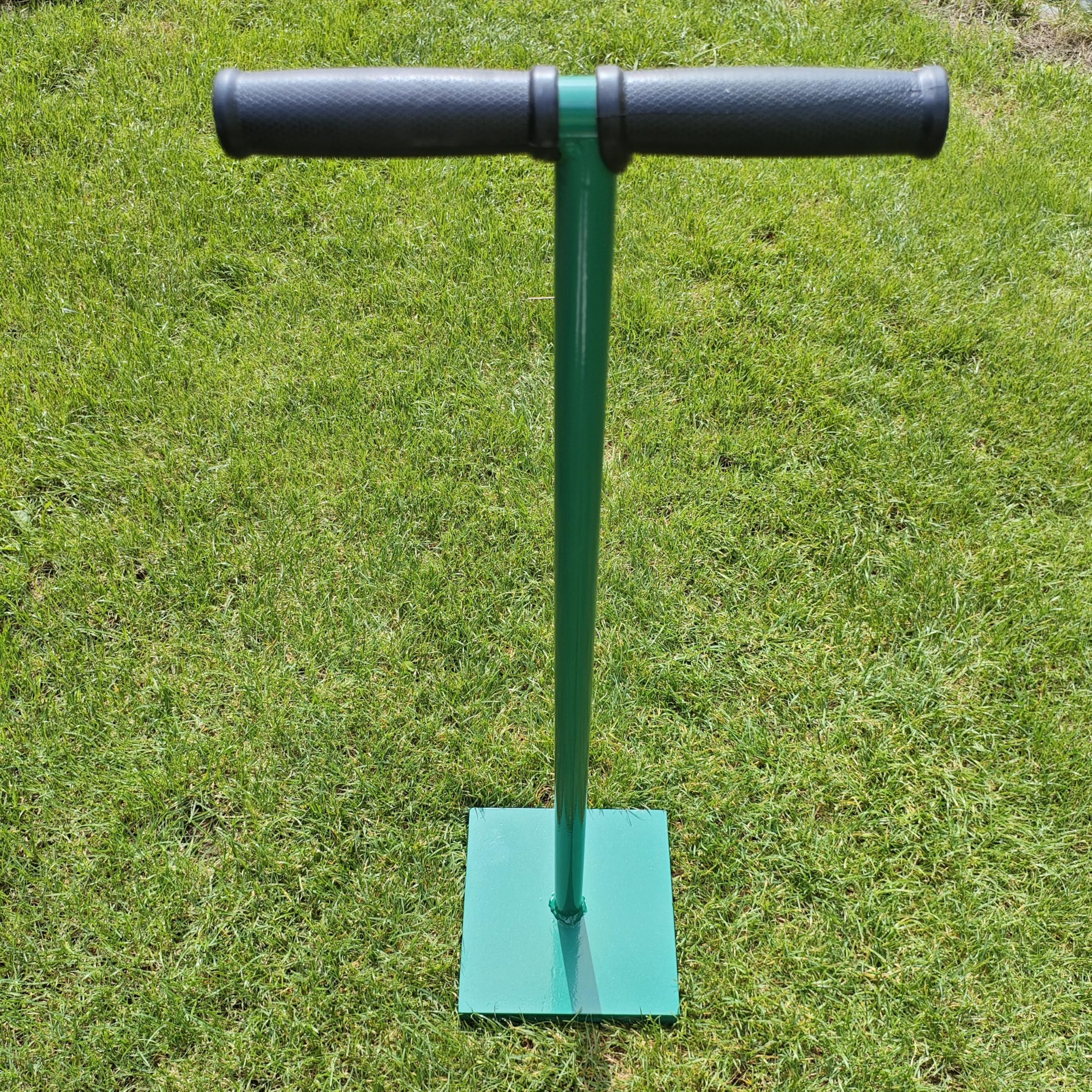 Handstampfer 20 x 20 cm – Bodenverdichter & Erdstampfer aus massivem Stahl, 9,3 kg – grüner Kiesstampfer mit ergonomischem T-Griff (86 cm) für Garten, Pflaster & Baustelle