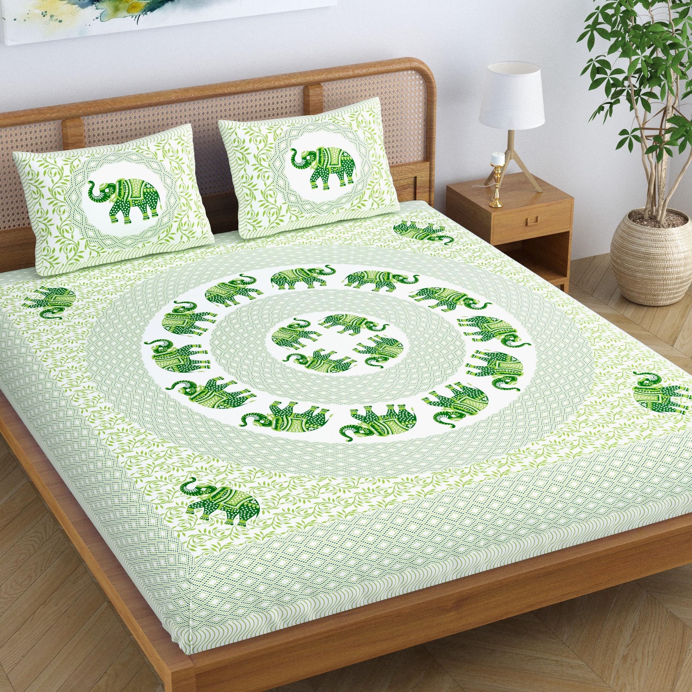 Colorish Cotton Blend Bedsheet for King Size Extra Large Double Bed, Jaipuri Traditional Elephant Printed Bed Sheet with 2 Pillow Covers, Pastel Green