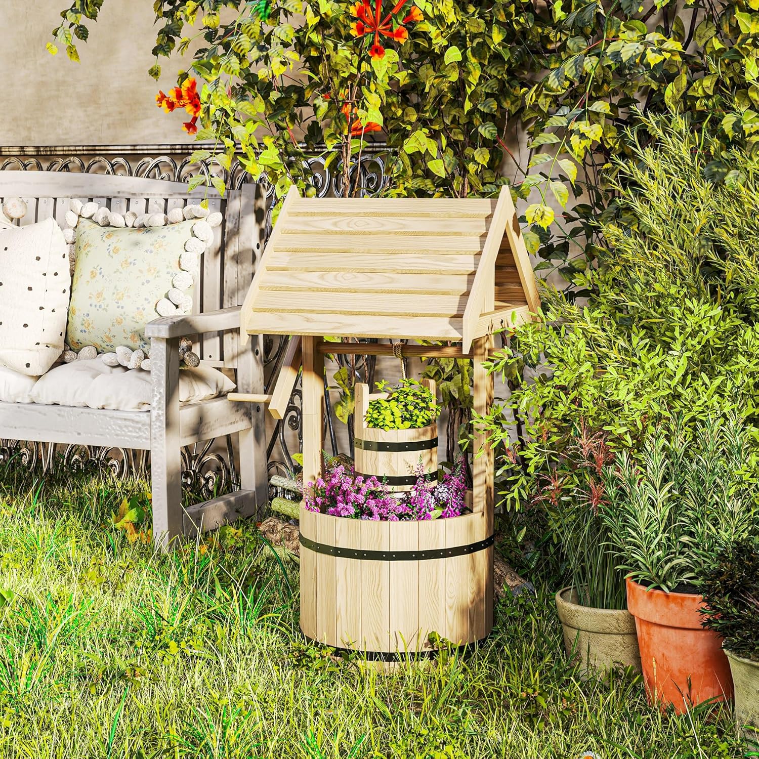 Outsunny Wooden Wishing Well Planter with Adjustable Hanging Bucket, Rustic Wishing Well for Outside, Decorative Flower Planter with Drainage Hole for Garden Patio, Natural Wood