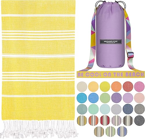 Miniatura 29 de Madamelique Toalla de playa turca con bolsa de playa, 39 x 74 pulgadas, toallas de playa prelavadas de gran tamaño, 100 % algodón, secado rápido