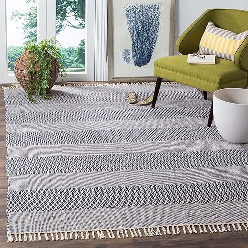 SAFAVIEH Montauk Collection 5' x 8' Ivory/Navy MTK330B Handmade Flatweave Boho Farmhouse Cotton Tassel Fringe Living Room Dining Bedroom Area Rug