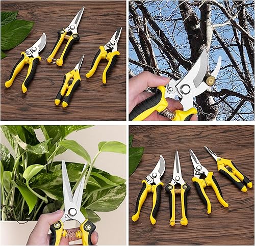 Miniatura 5 de Paquete de 5 tijeras de podar de jardín con cuchillas de acero inoxidable, juego de tijeras de mano con guantes de jardinería, tijeras de podar de