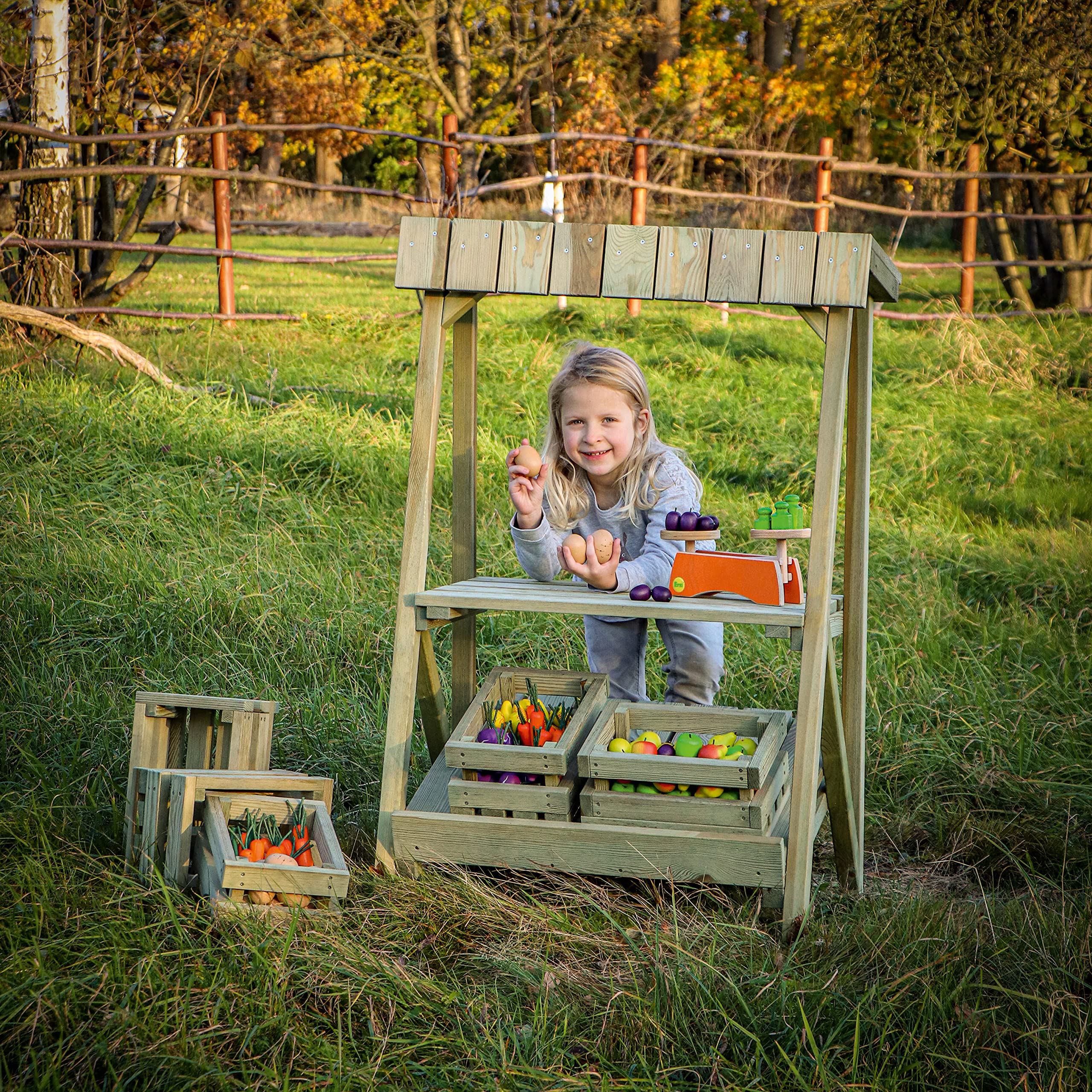 Erzi 10044 Marktstand Outdoor aus Holz, Kaufladenspielzeug für Kinder | zum Spielen im Garten, Kaufmannsladen, Rollenspiele, Kreative Spielwelten gestalten