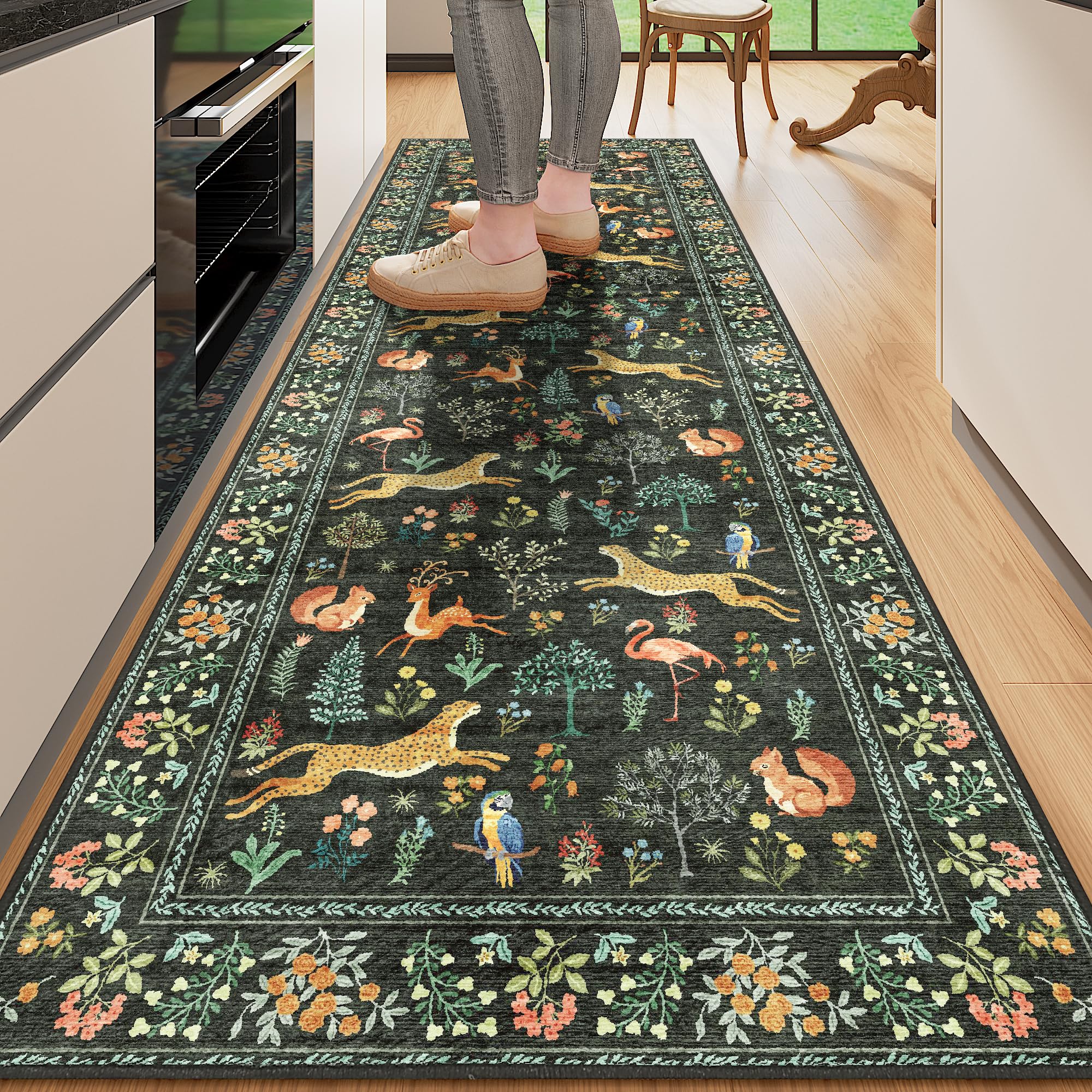 DUKINO 2x10 Rug for Hallway, Washable Kitchen Runner Rug with Non Slip Backing, Soft Low Pile Vintage Animal Runner for Bedroom, Kitchen, Hallway,