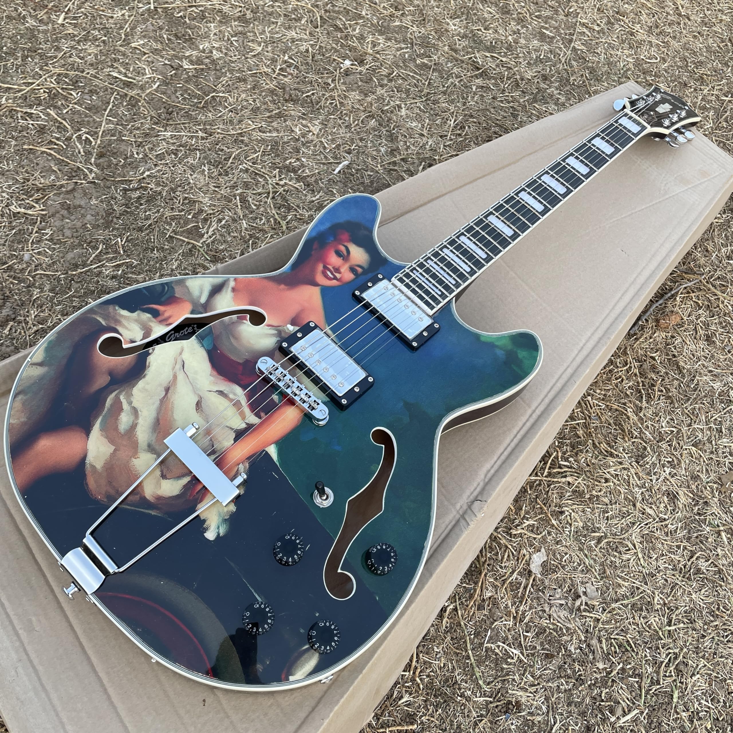 Vintage Style Semi-Hollow Electric Guitar, Custom Artwork Design, Double Cutaway Body, Blue