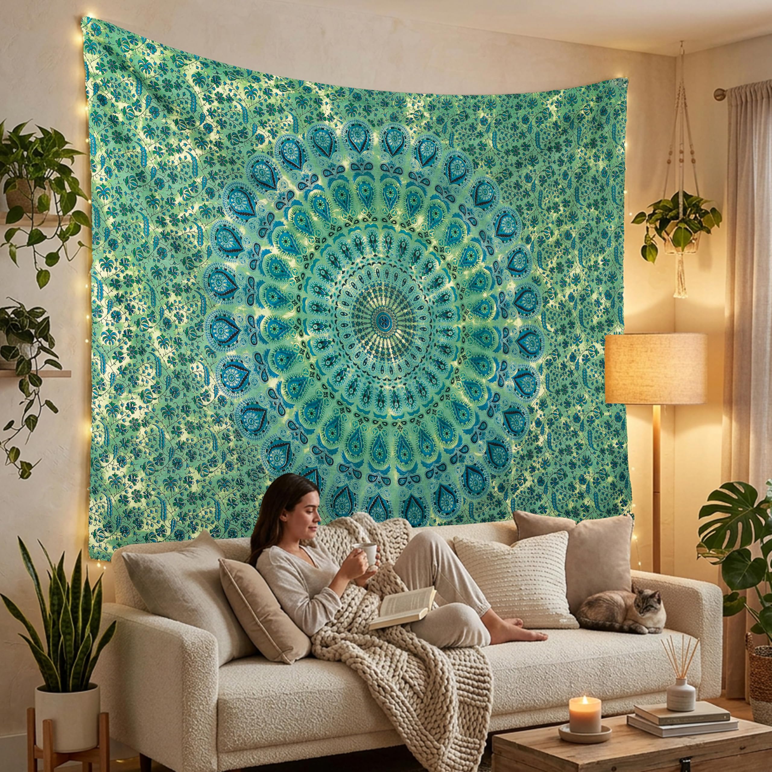 FURNISHFUL FINESSE Mandala Wandteppich Grün Wandbehang Wandteppiche Boho Pfau Wandtuch für Dekor Zuhause und Wohnzimmer– 228 x 274 cm