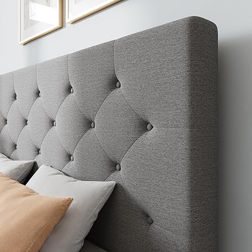 Miniatura 79 de WEEWAY Base de cama de plataforma tamaño Queen con 4 cajones de almacenamiento, cabecera capitonada con botones de costura de diamante, base de