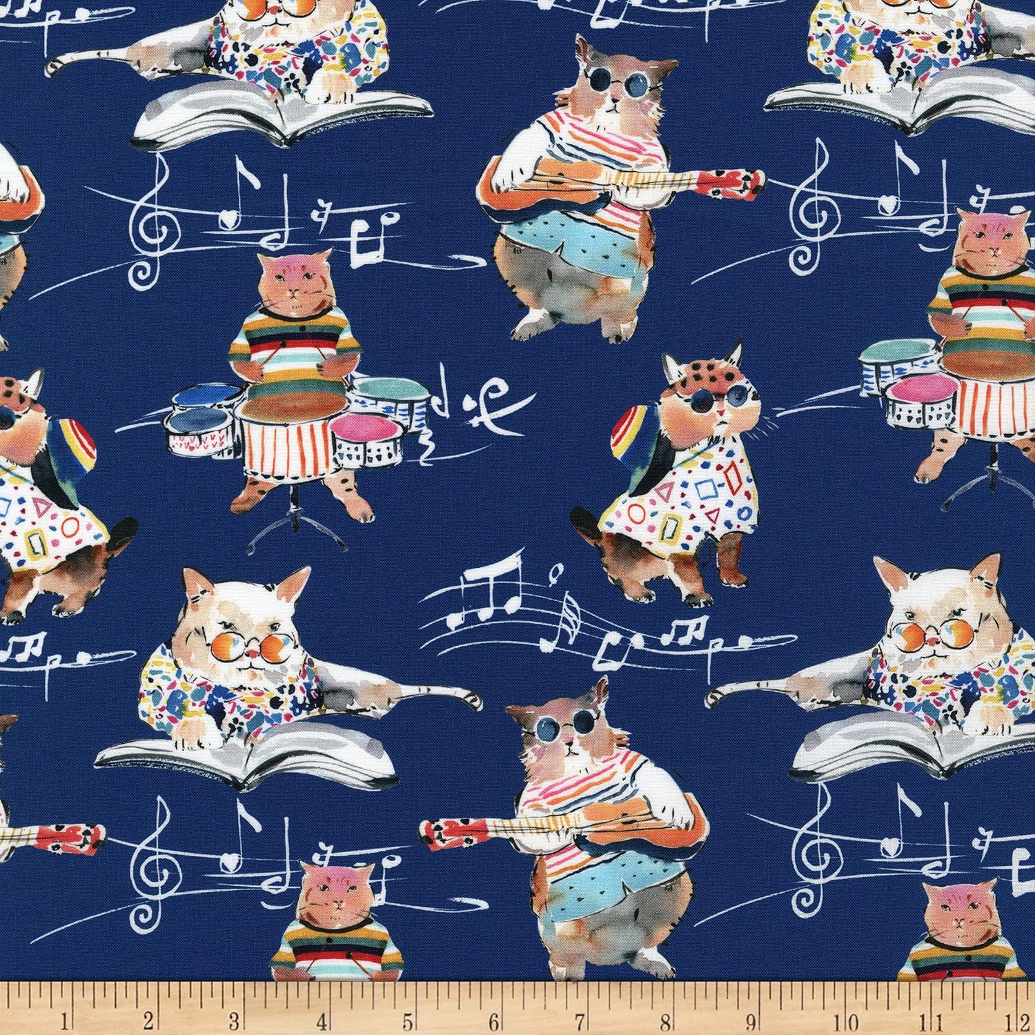 Michael Miller Musical Cats Hip Cat Rehearsal Navy, Fabric by The Yard