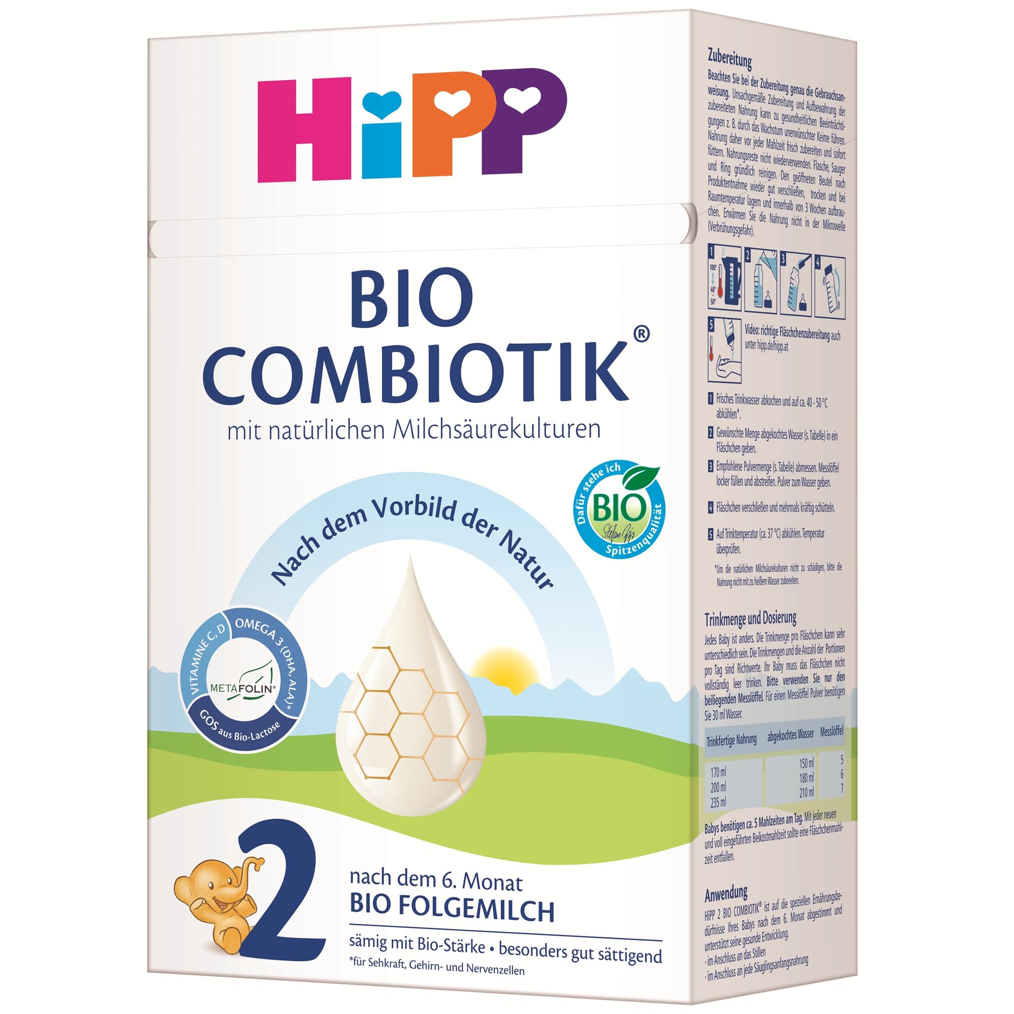 HiPP 2 Bio Combiotik (4 x 600g), Folgemilch nach dem 6. Monat, mit Stärke, natürlichen Milchsäurekulturen, GOS, Omega-3 (DHA, ALA), in bester Bio-Qualität