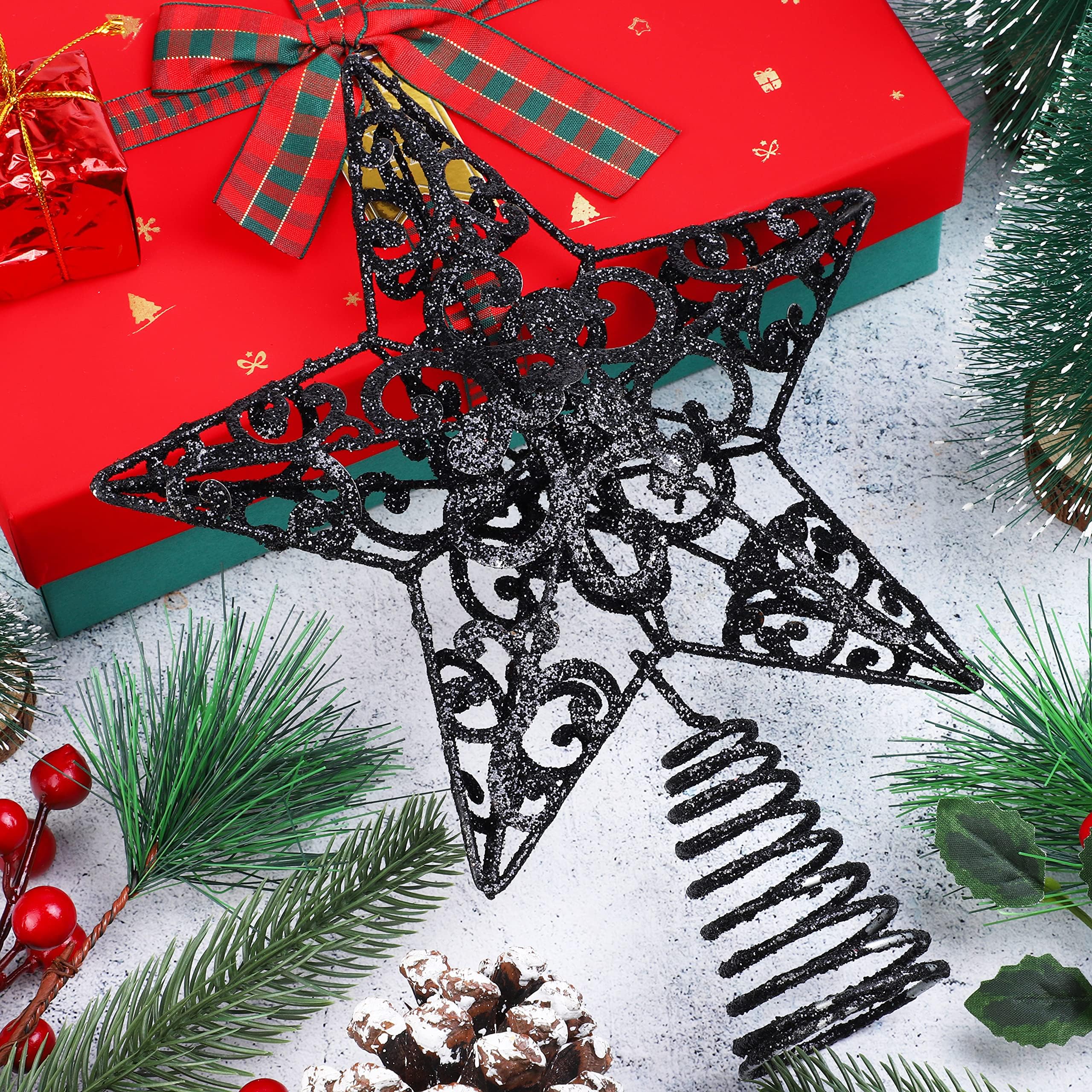 Aneco 25,4 cm Metall glitzernde Weihnachtsbaumspitze Stern Baumspitze Dekoration für Weihnachten Home Decor Schwarz