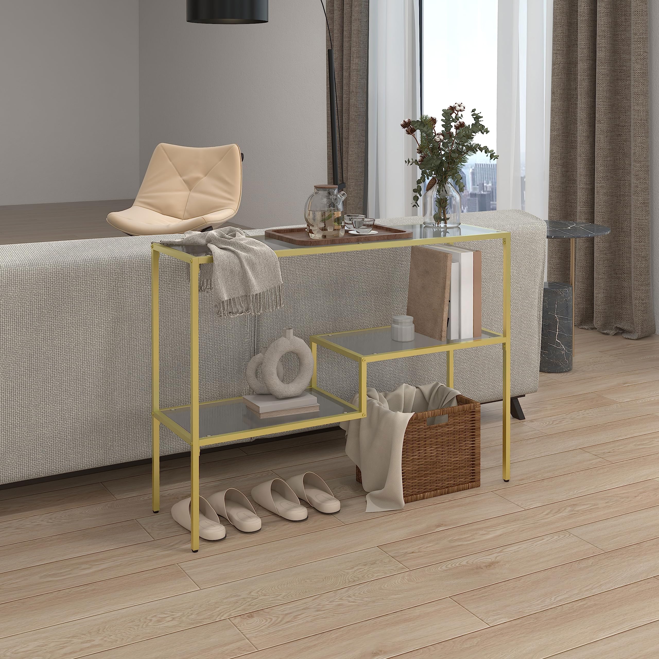 HOMCOM Consola de Entrada con 3 estantes de Acero y Cristal Templado, 100x32x76 cm, Dorado