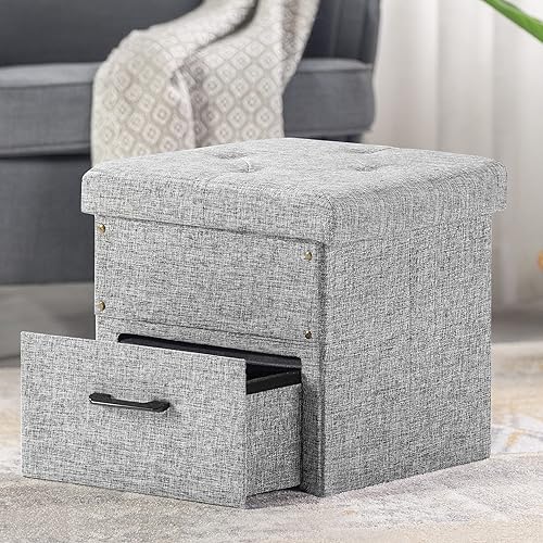 Otto & Ben Stockbox otomana con cajón de almacenamiento, taburete plegable de cubo de 15 pulgadas, gris claro
