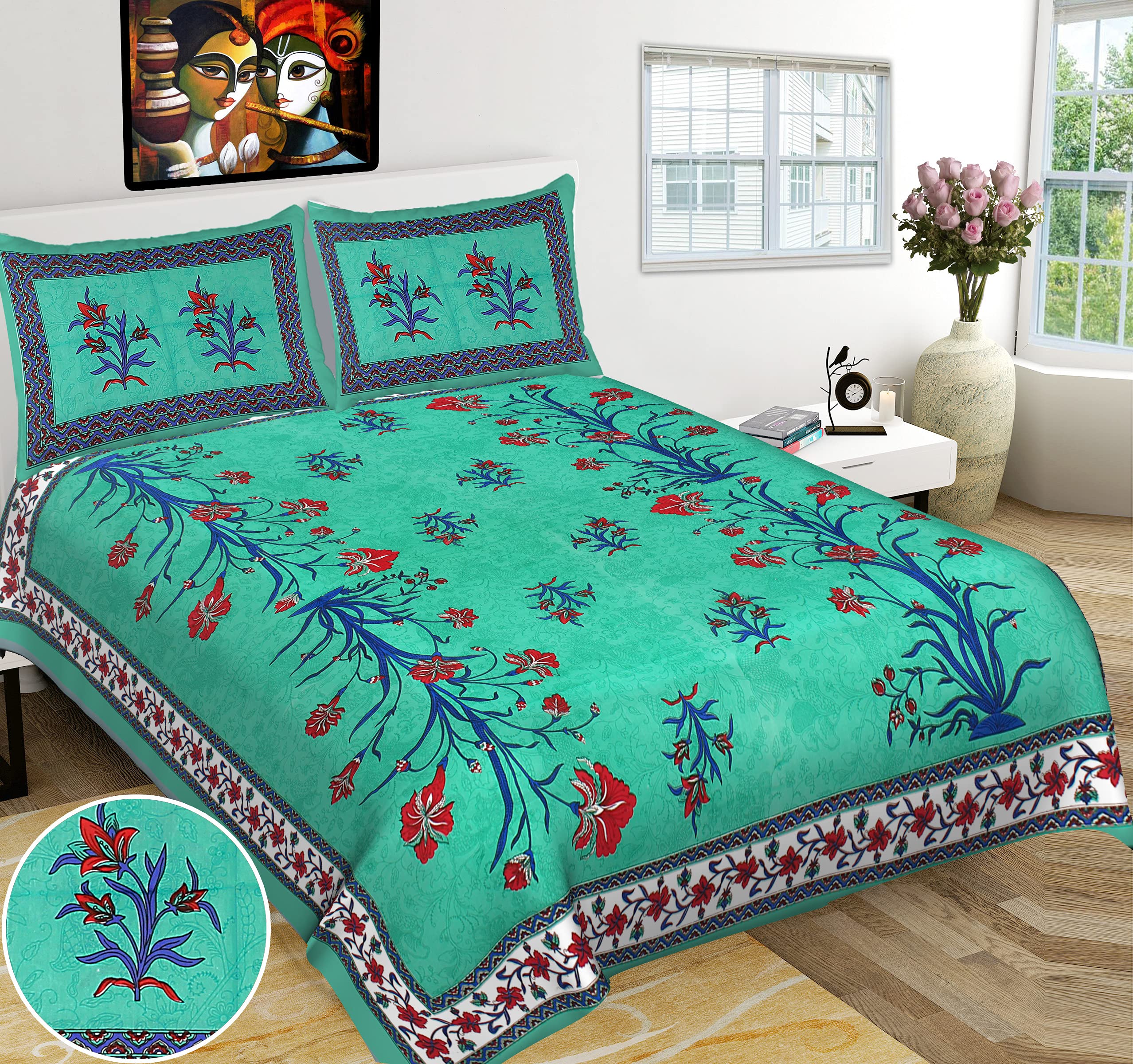 Piyush Textiles Jaipuri Print 100% Cotton Rajasthani Tradition Queen Size Double Bedsheet with 2 Pillow Cover (100% Cotton)/bedsheets Queen Size/bedsheets for Double Bed