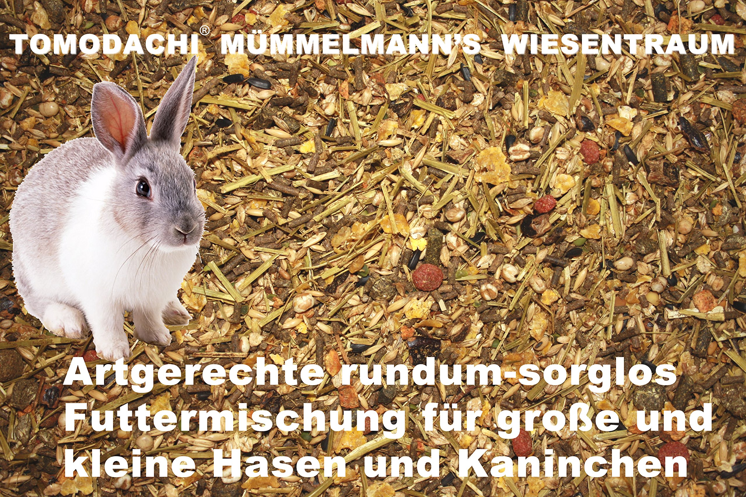Tomodachi Kaninchenfutter Hasenfutter Raufutter Kaninchen Strukturfutter Gemüse Erbsenflocken Möhrenflocken Luzerneheu Kräuter Löwenzahn 15kg Sack