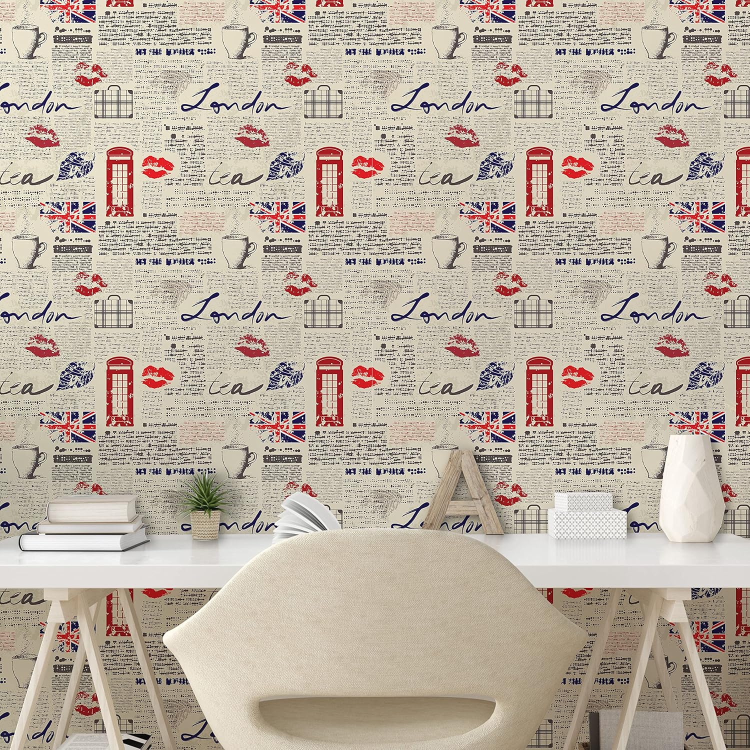 Ambesonne Tea Party Peel & Stick Wallpaper for Home, London Newspaper Inspired Background with Grunge Elements Kiss Marks, Self-Adhesive Living Room Kitchen Accent, 13" x 72", Beige Navy Blue Red